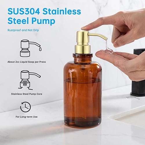 Miniatura 3 de Dispensador de jabón de vidrio ámbar con bomba de oro cepillado, dispensador de jabón líquido de 16.9 onzas cilíndrico con bomba de acero inoxidable