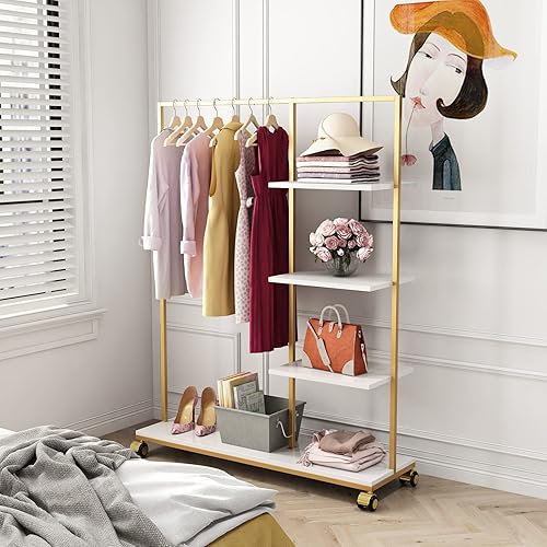 Miniatura 4 de Perchero de ropa resistente con estantes para colgar ropa, perchero independiente de metal dorado para exhibición minorista (47.24 pulgadas de largo)
