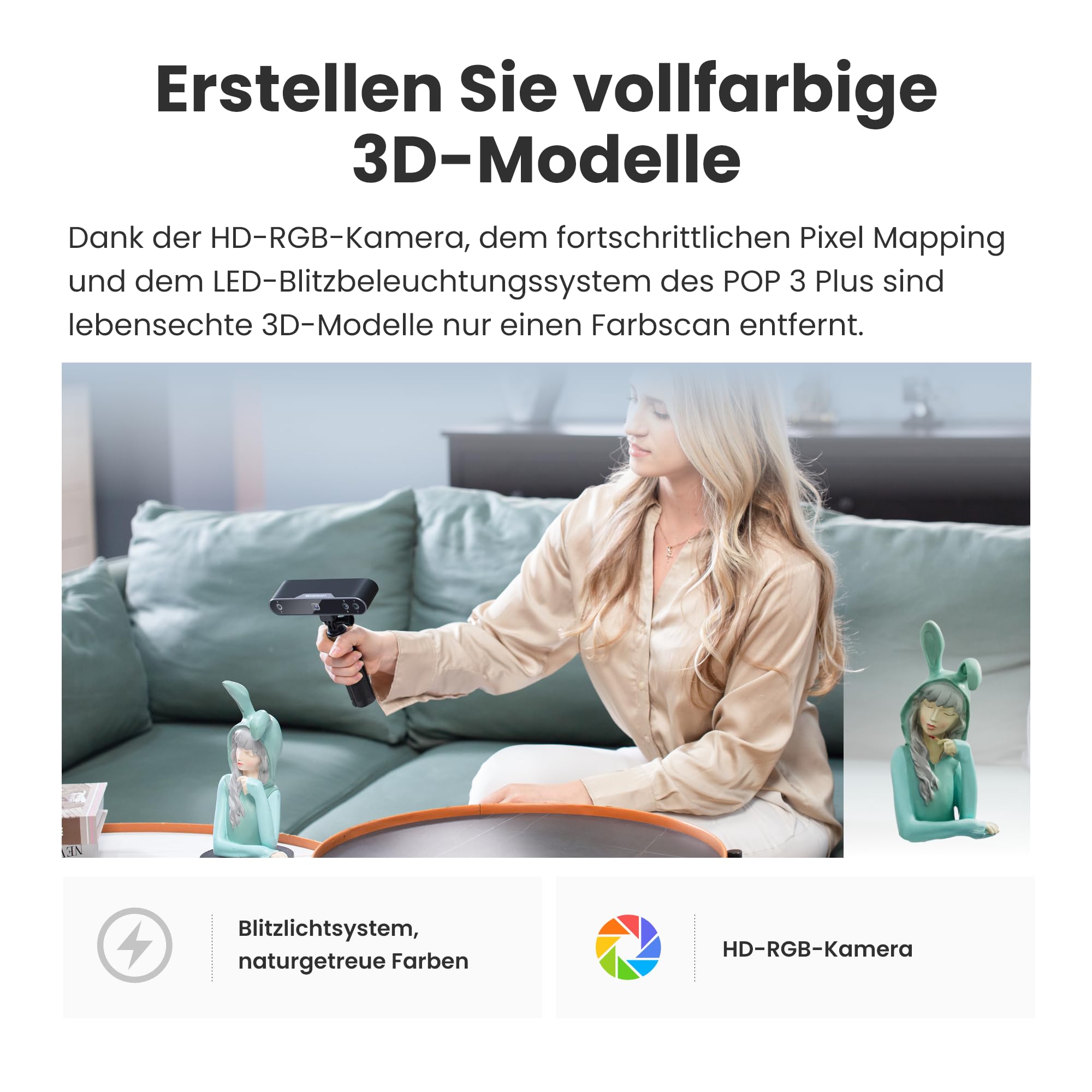 Revopoint POP 3 Plus 3D-Scanner für 3D-Druck, Handscanner mit 0,04mm hoher Präzision, Vollfarbscan für Mittlere Objekte, Quicksurface 30-Tage Testversion, Kompatibel mit Android/iOS/Win/macOS, Premium