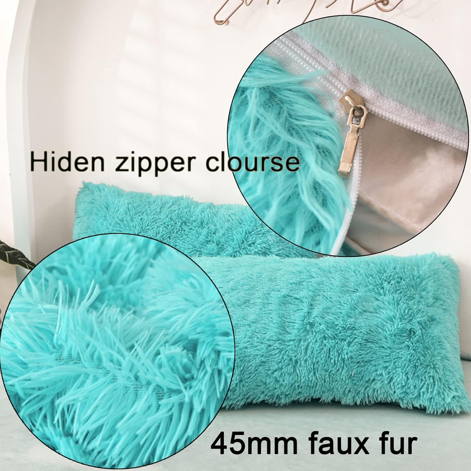 MorroMorn Decorative Pillows Covers, 2 Packs Faux Fur Pillow Cases, Luxury Shaggy Throw Pillowcase Cushion Shams with Zipper Closure Home Decor for Couch Sofa Bed Room (Aqua, King/California King)