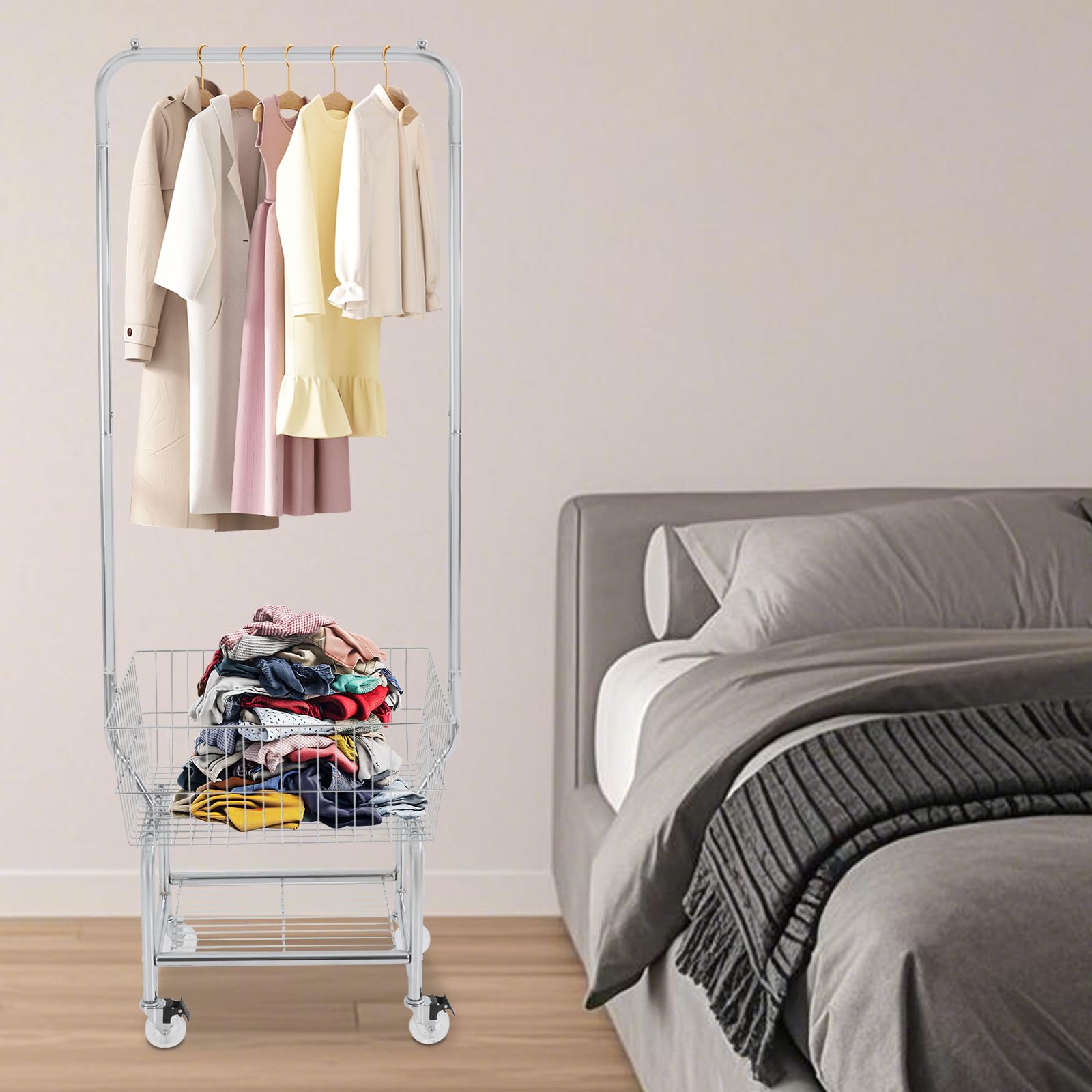 Laundry Cart with 4 wheels & Clothes Rack, Metal Rolling Laundry Butler with Wire Storage Basket and Shelf for Bathroom, Bedroom, Dressing room, Changing room (Clear Wheels+Silver Edge)