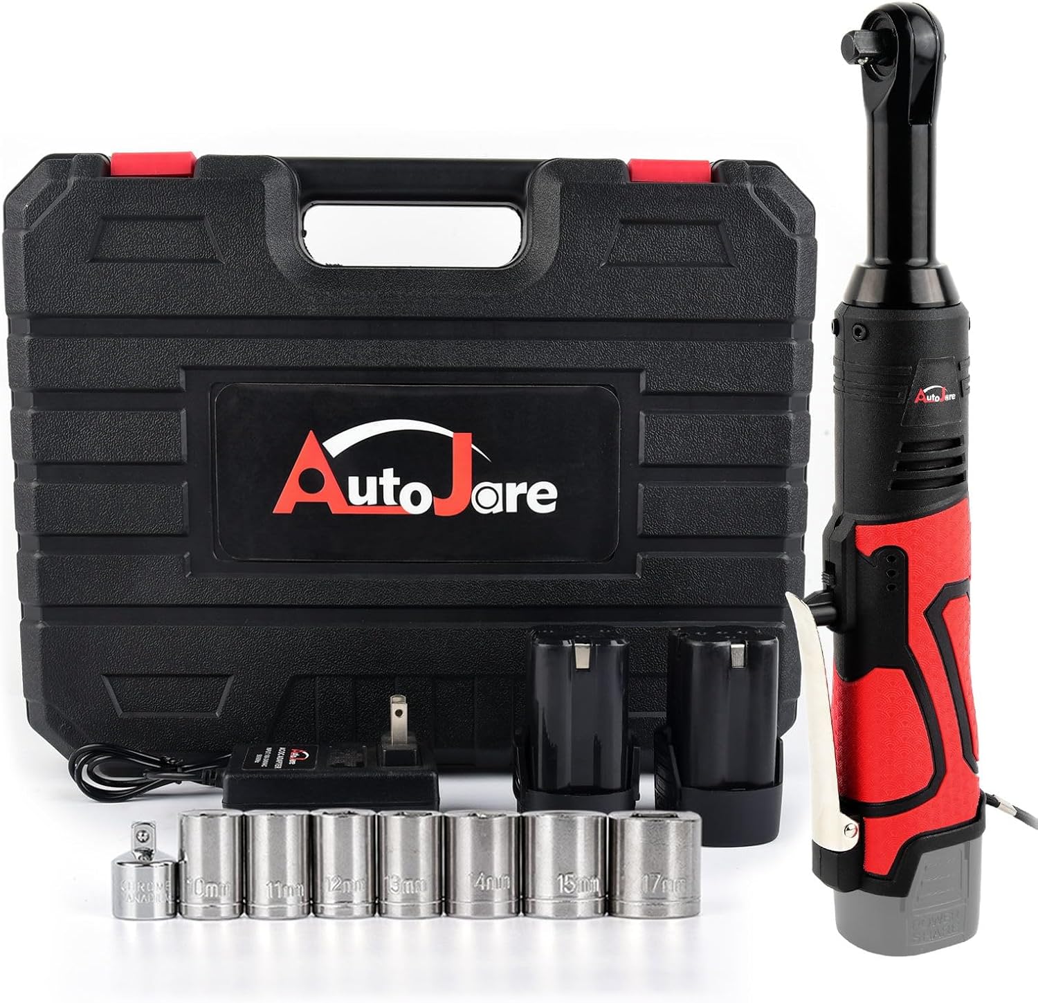 Extended 18V Cordless Electric Ratchet Wrench Set 3/8" Drive 450RPM 60 ft-lbs Power Ratchet Tool Kit with 1/4" Socket Adapter, 7pcs Socket, Charger and 2pcs 1.5Ah Lithium-Ion Batteries