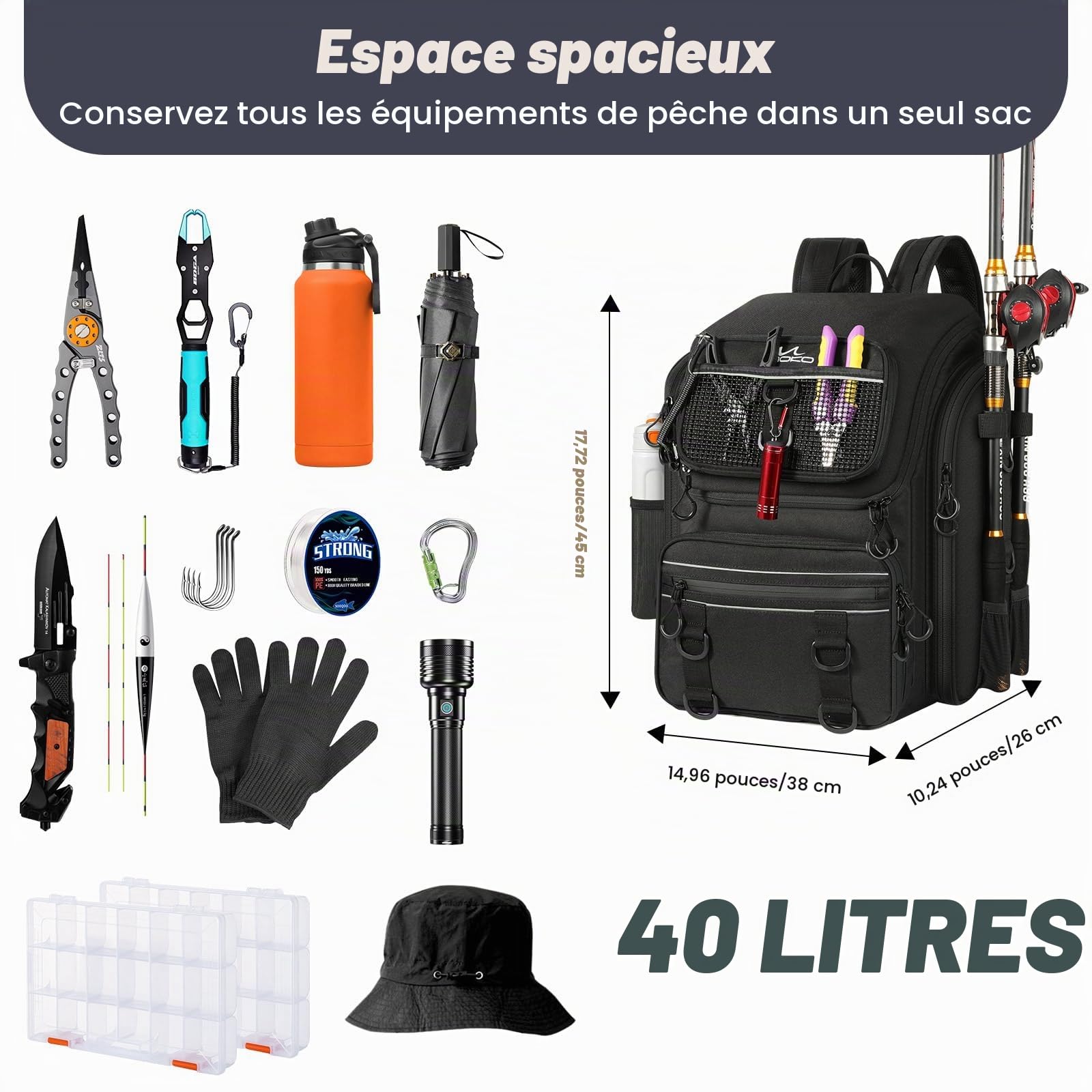 MoKo Sac à Dos de pêche, Grand Sac à Dos de pêche 40L avec Porte-Cannes et classeur d'appâts pour Stocker Le matériel de pêches⁠⁣ et l'équipement pour la randonnée et Le Camping, Noir