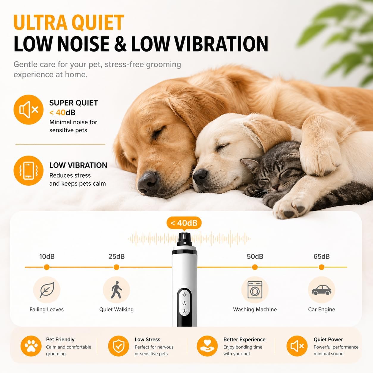 Silent Groom Pro Pet Nail Grinder with Dual LED Light and 3 Speeds | Quiet Low-Vibration Motor, Dual LED Lights, 3 Speeds and (1 + 2 Replacement Heads) for Dogs and Cats of All Sizes
