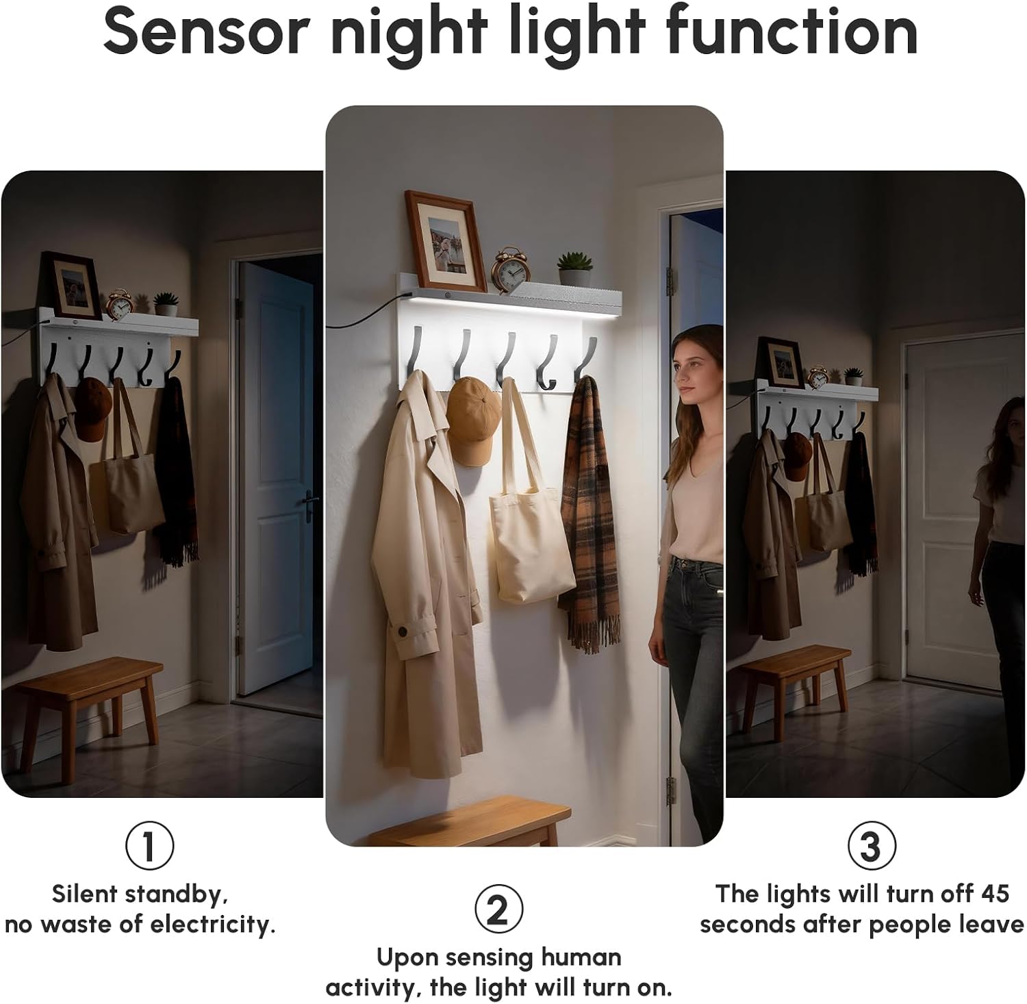 Human Body Motion Sensor Lights Indoor Coat Rack Holder Wall Mount with Shelf,Entryway Hanging Shelves with 5 Hooks Motion LED for Clothes Hats