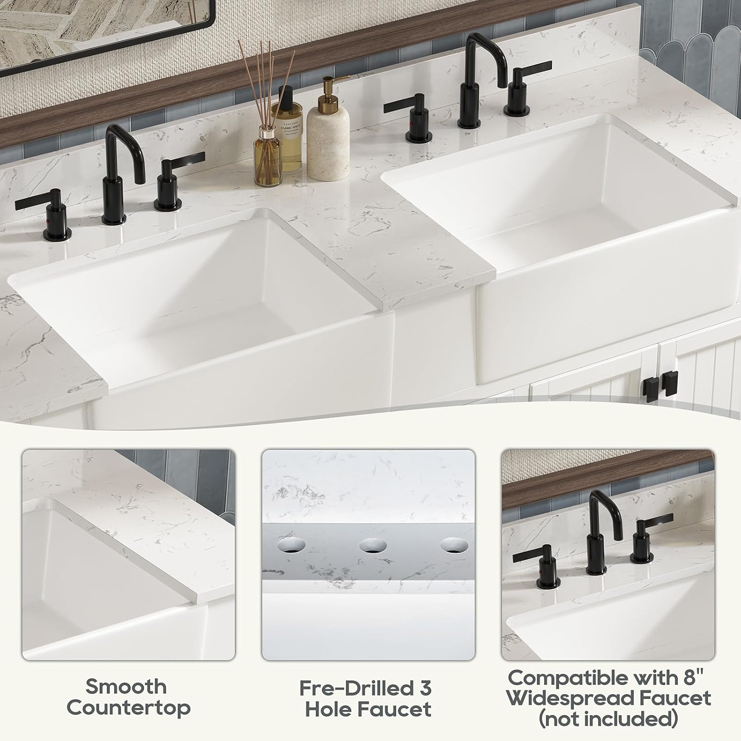 60 Inch Bathroom Vanity with Double Sink, Farmhouse Bathroom Vanity Cabinet with Soft Closing Doors & Dovetail Drawers, Vanity for Bathroom, Adjustable Feets, Apron Farm Sink, White