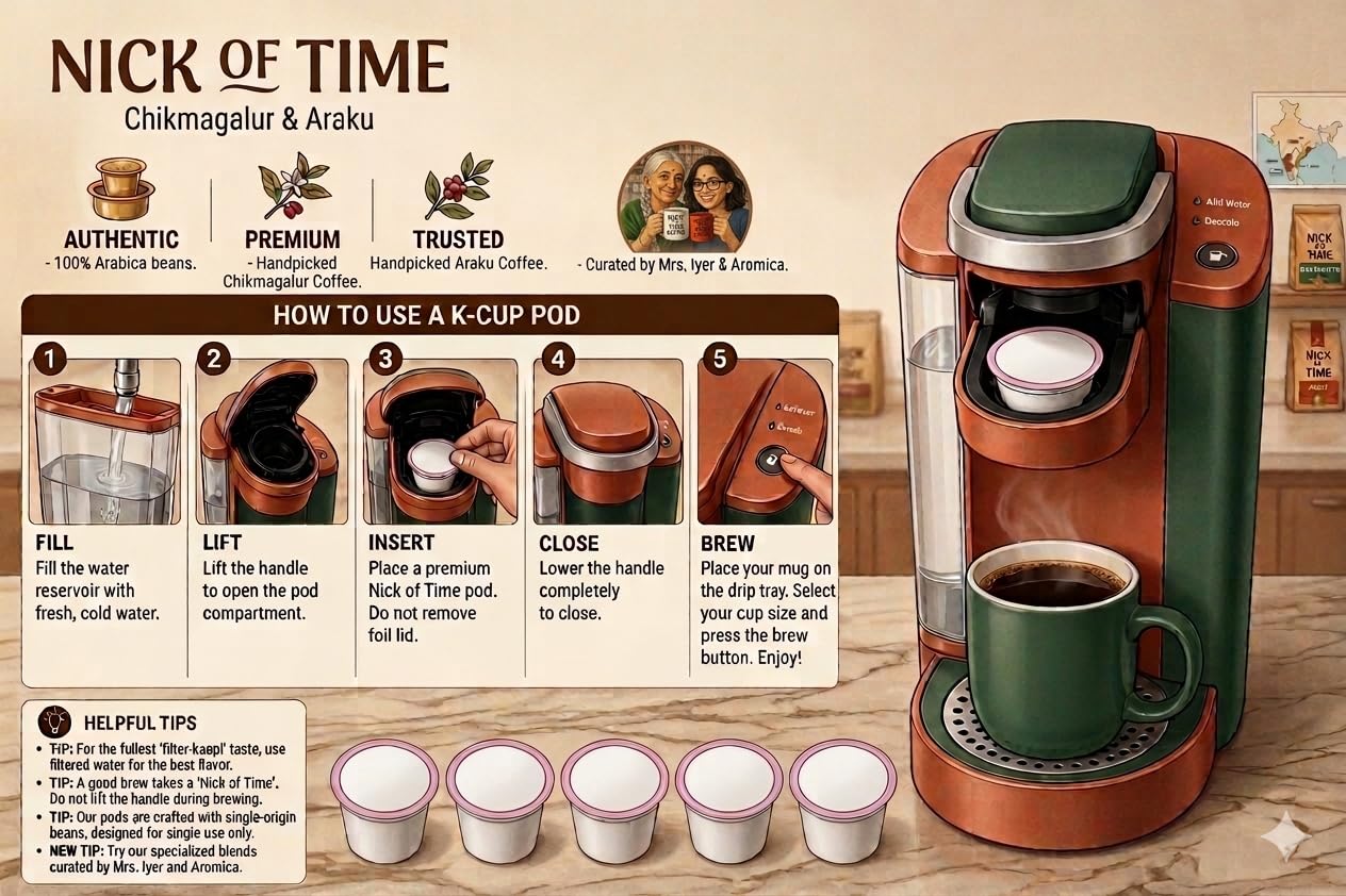 Nick Of Time Indian Chikmagalur Coffee K-Cups-Pods-Single Serve- 100% Arabica AA Grade Dark Roast | Easy to use (Pack of 40)