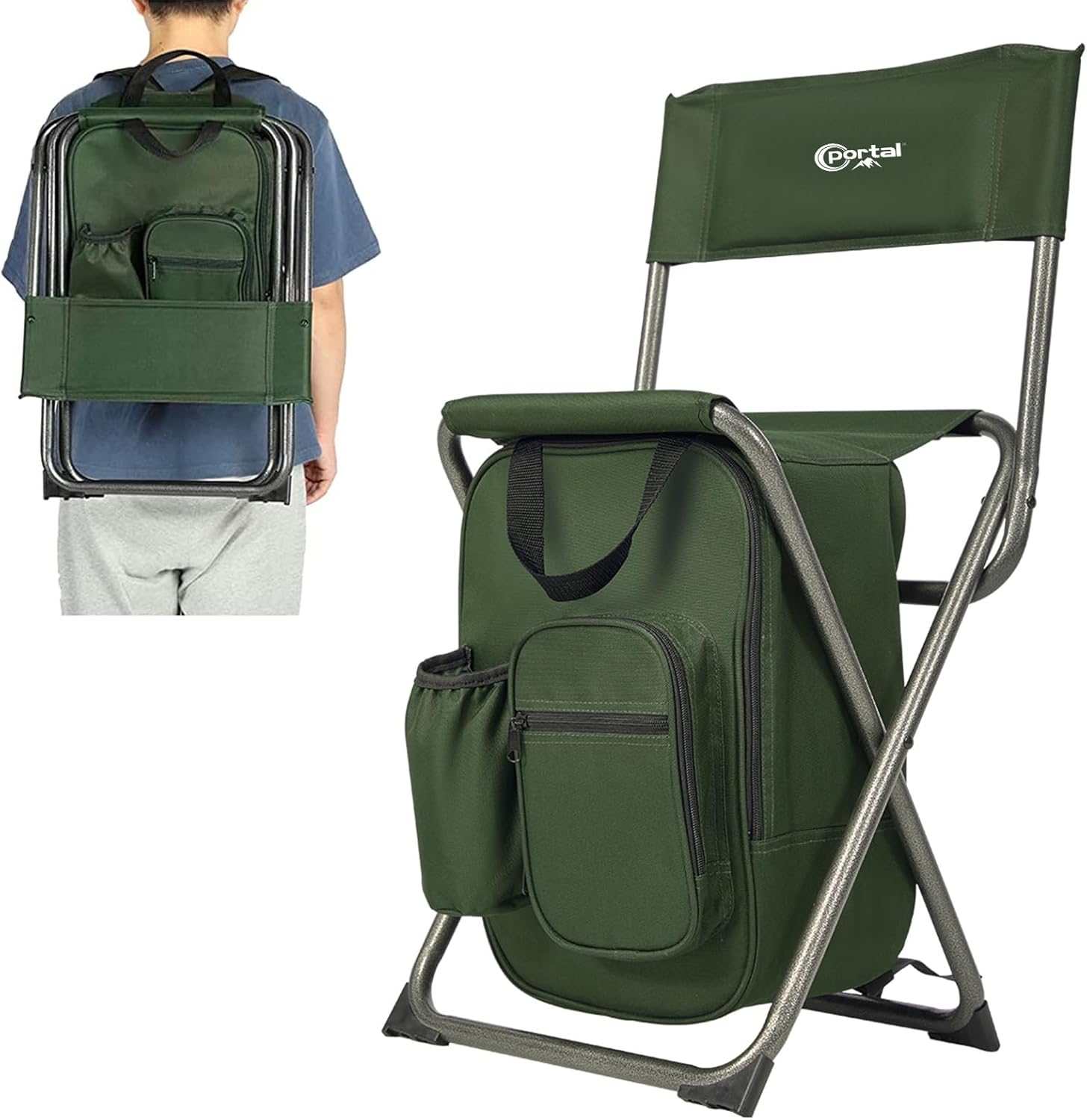 PORTAL Backpack Cooler Chair with Backrest - Folding Camping Stool for Fishing Hiking Hunting, 225 lbs Capacity, Compact Outdoor Chair