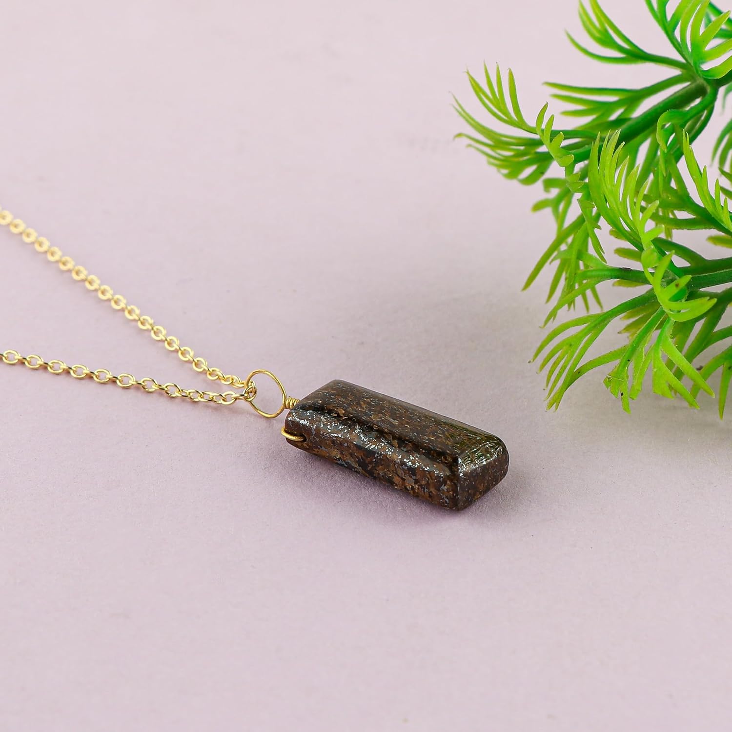 Natural Bronzite Gemstone Necklace, Polished Bar Shape Stone Dainty Pendant, Handmade Jewelry, Wicca & Reiki Healing Crystal, Gold Plated Chain, Christmas Gift for Her-18inch - Image 3
