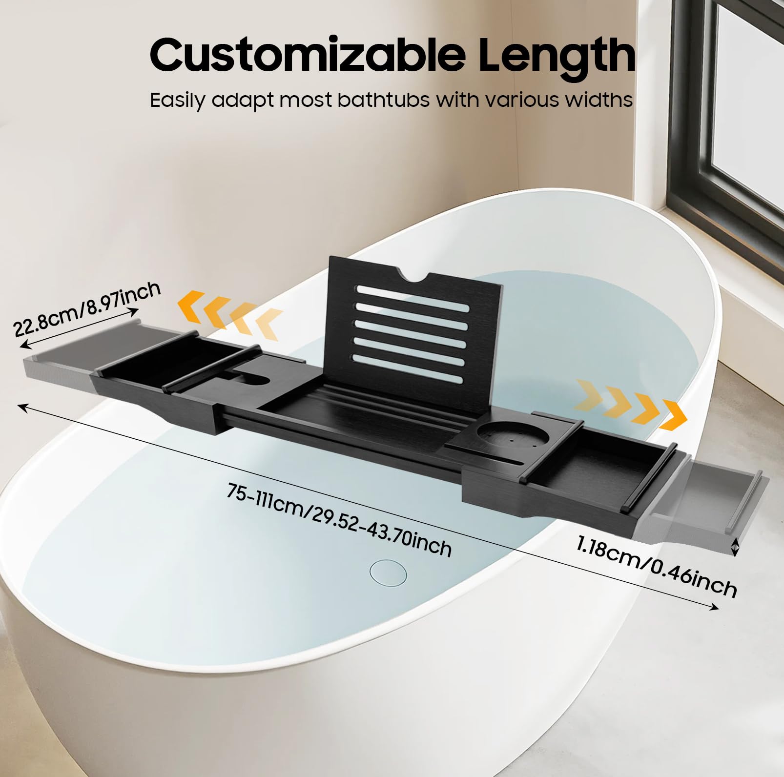 Estante extensible de bambú para bañera, ajustable, longitud ajustable de 75 a 111 cm, color negro