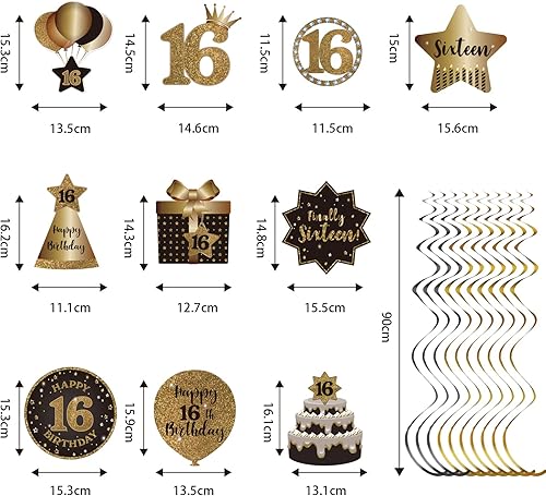 Miniatura 2 de Decoraciones de techo colgantes de remolinos de feliz 16 años, celebración, 16 remolinos colgantes de aluminio con recortes para dulces 16 años de