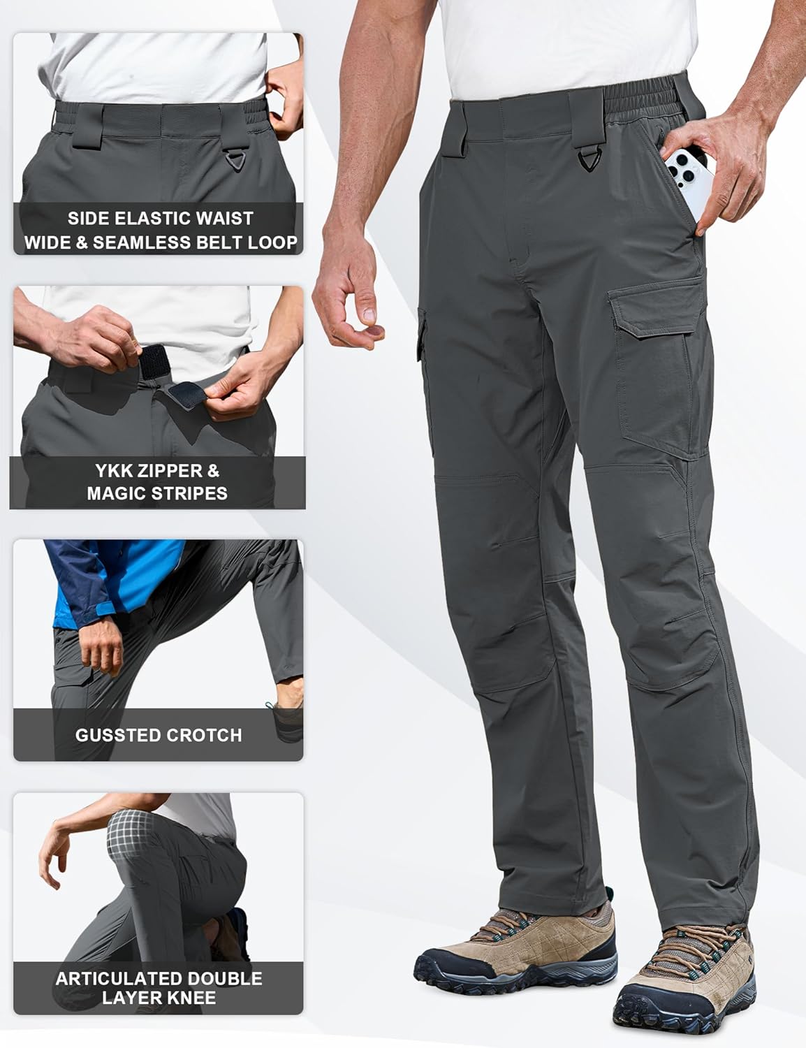 MOURCE Mens Hiking Pants Lightweight Quick Dry, Water Resistant Outdoor Cargo Pants for Men 7 Pockets Travel Fishing Climbing