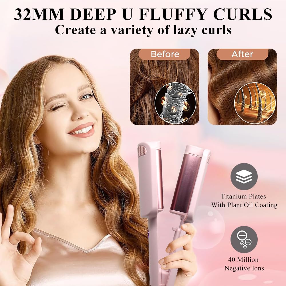 Piastra Onde per Capelli, Ferro Arricciacapelli, 32 mm Ferro per Capelli Onde con 4 Temperature regolabili per tutti i tipi di capelli, viene fornito con 1 pettine, 2 clip (Rosa)