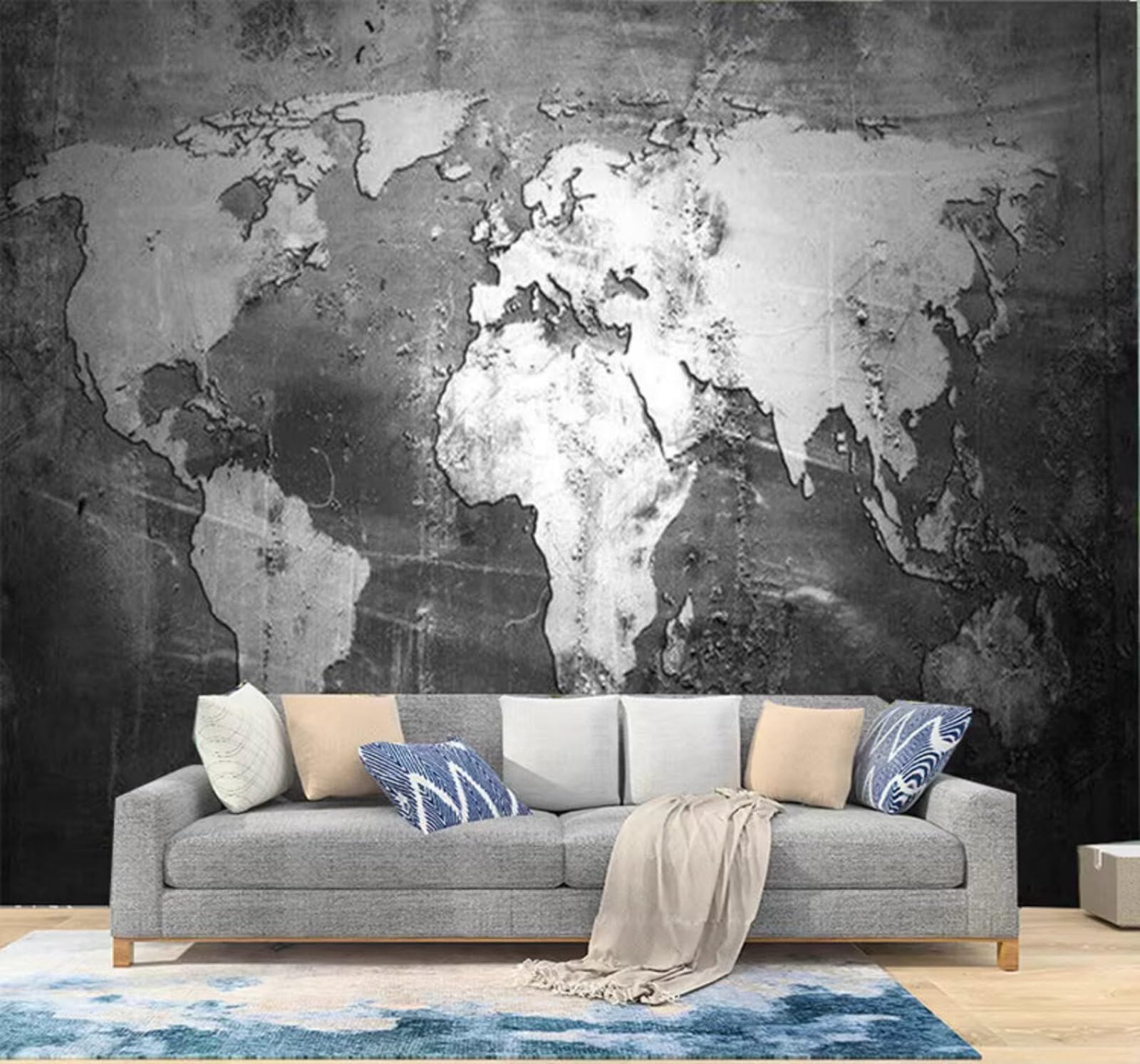 Minimalist Abstract Relief Black and White World Map 3D Wallpaper Easy Install Feature Office Living Room Sofa Bedroom TV Background Wall Decoration-150cm×105cm