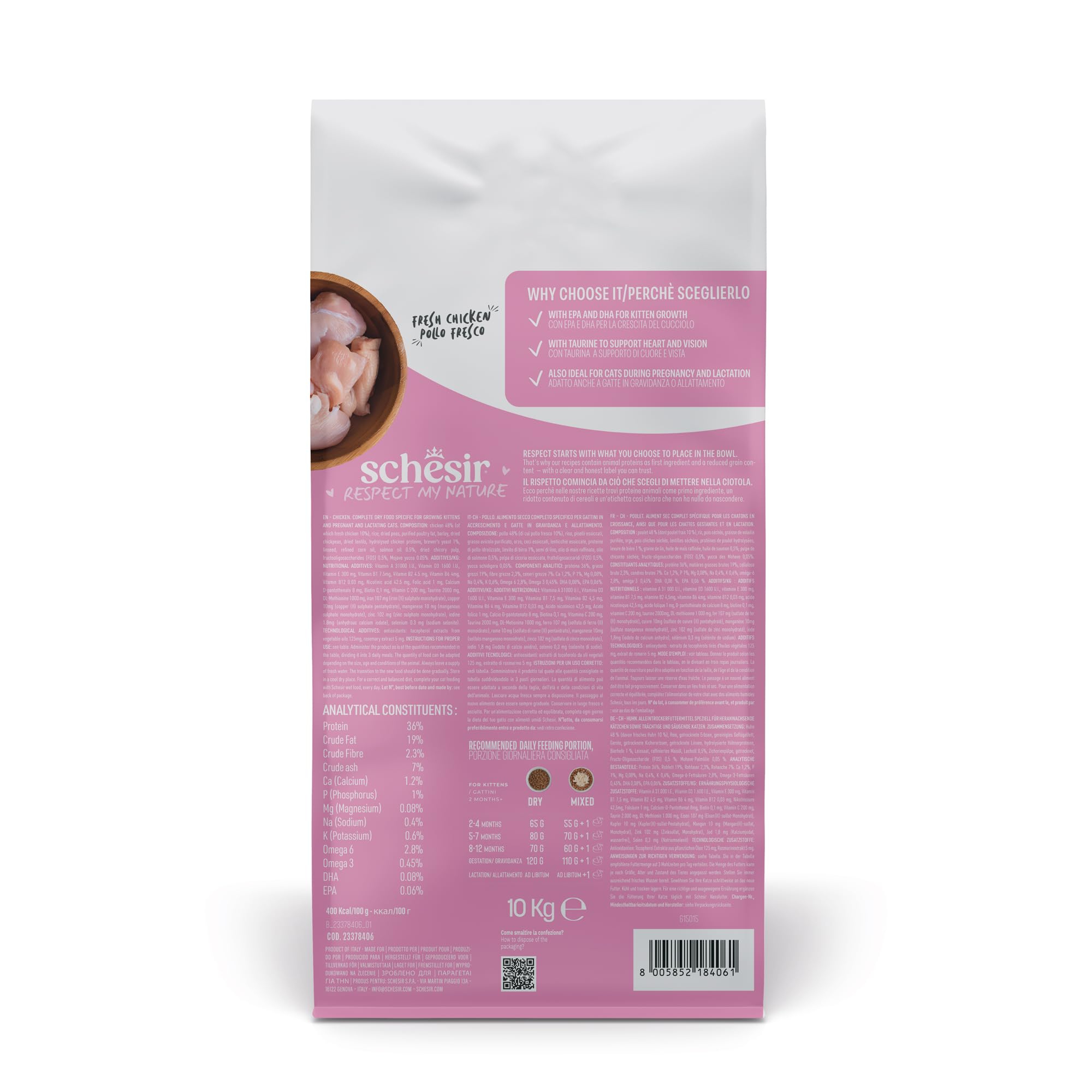 Schesir Animal Monoprotein Kitten, Croquettes pour Chatons, Aliment Sec Monoprotéiné Complet et Équilibré, Goût Poulet, 10 kg