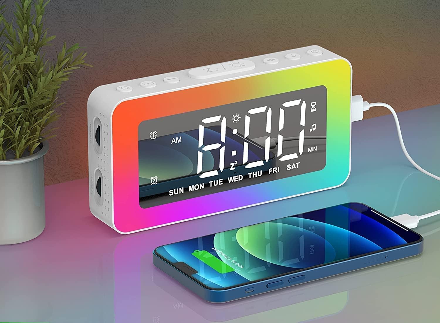 SYOSI Alarm Clock for Bedrooms with 8 Colors RGB Night Light, Bedside LED Digital Clock with USB Port, Loud Alarm Clock for Heavy Sleepers, Adults, Teenagers, Kids, 12/24H, 0-100% Dimmer