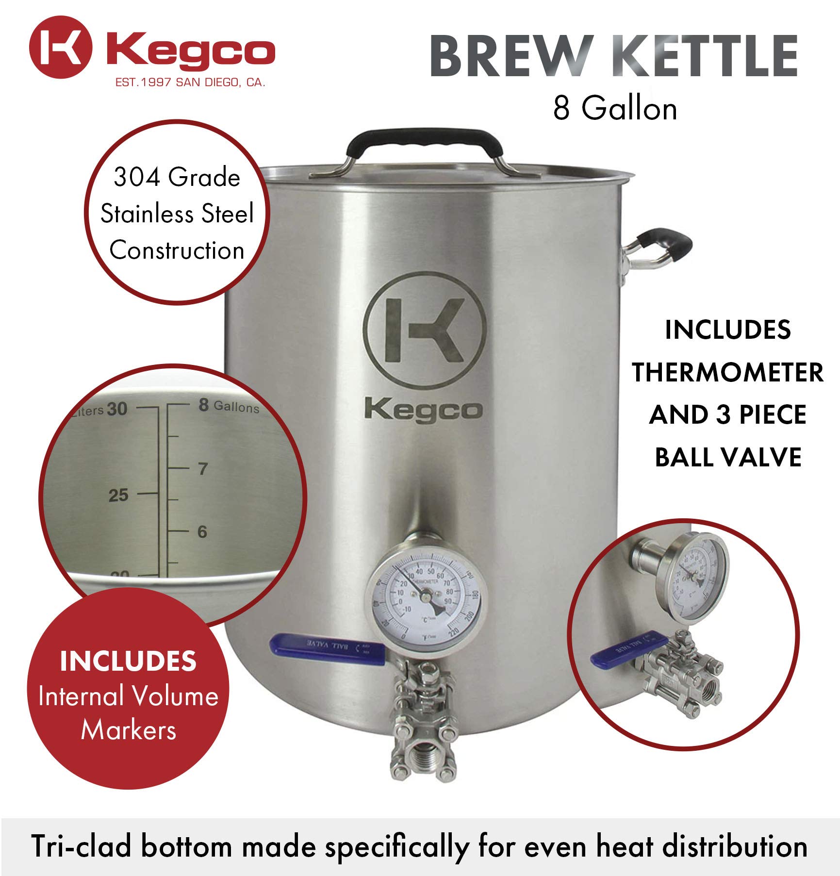 Kegco 3PXBK8-T3 Brew Kettle, 8 Gallon, Stainless Steel