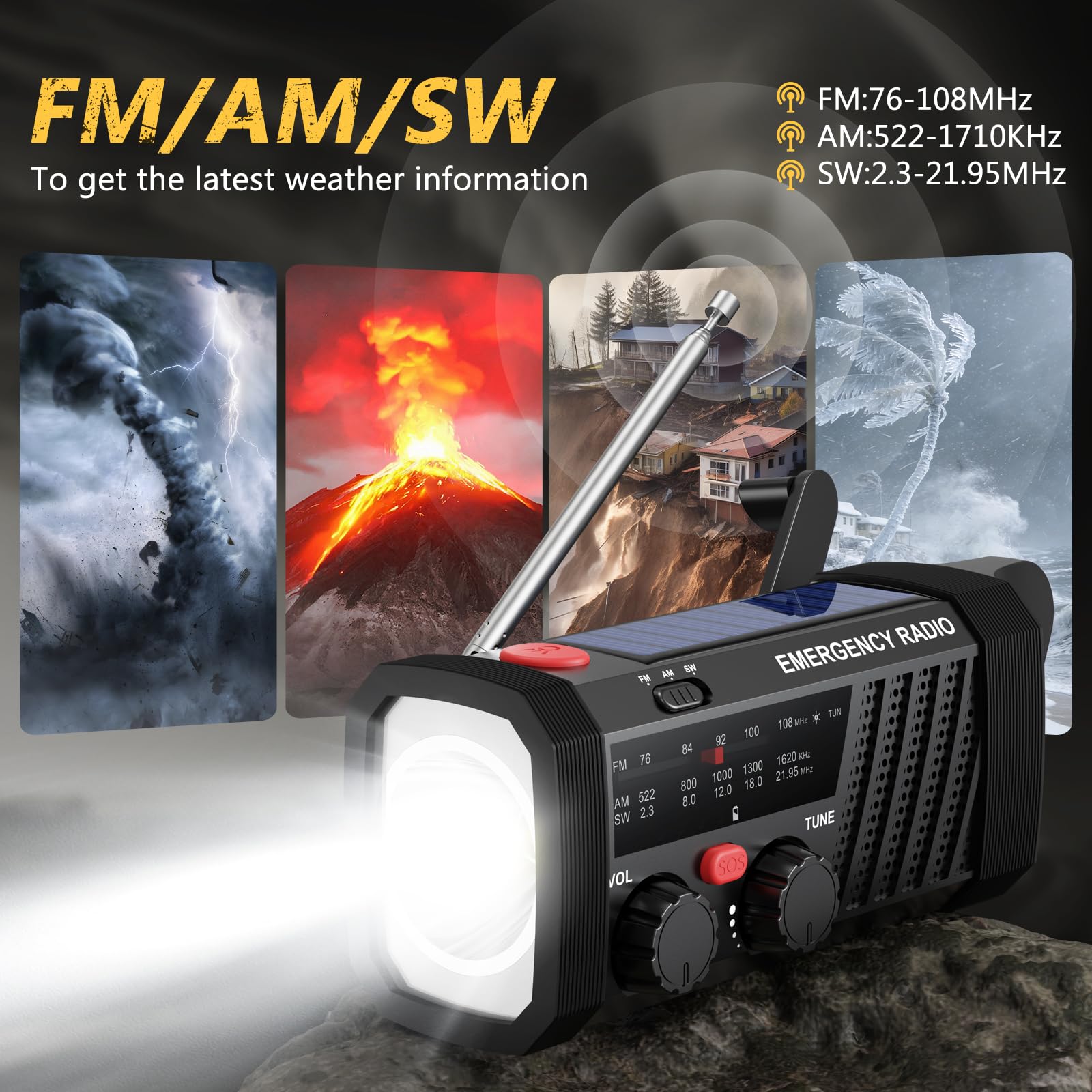 Radio de Emergencia Portátil, Radio Solar y a Pilas, Radios Emergencia con Manivela, Radio Dinamo Am/FM/SW, Linterna y Alarma SOS, Ideal para Kit de Supervivencia y Camping (7400 mWh