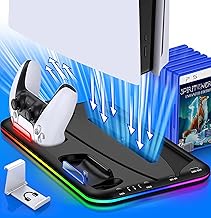 HEYLICOOL Accessories for PS5 Stand Cooling Station with RGB Light, Stand with Cooling Fan for Playstation 5 Disc Digital Editions Dual Controllers Charger Station Headset Holder, 6 Game Slots