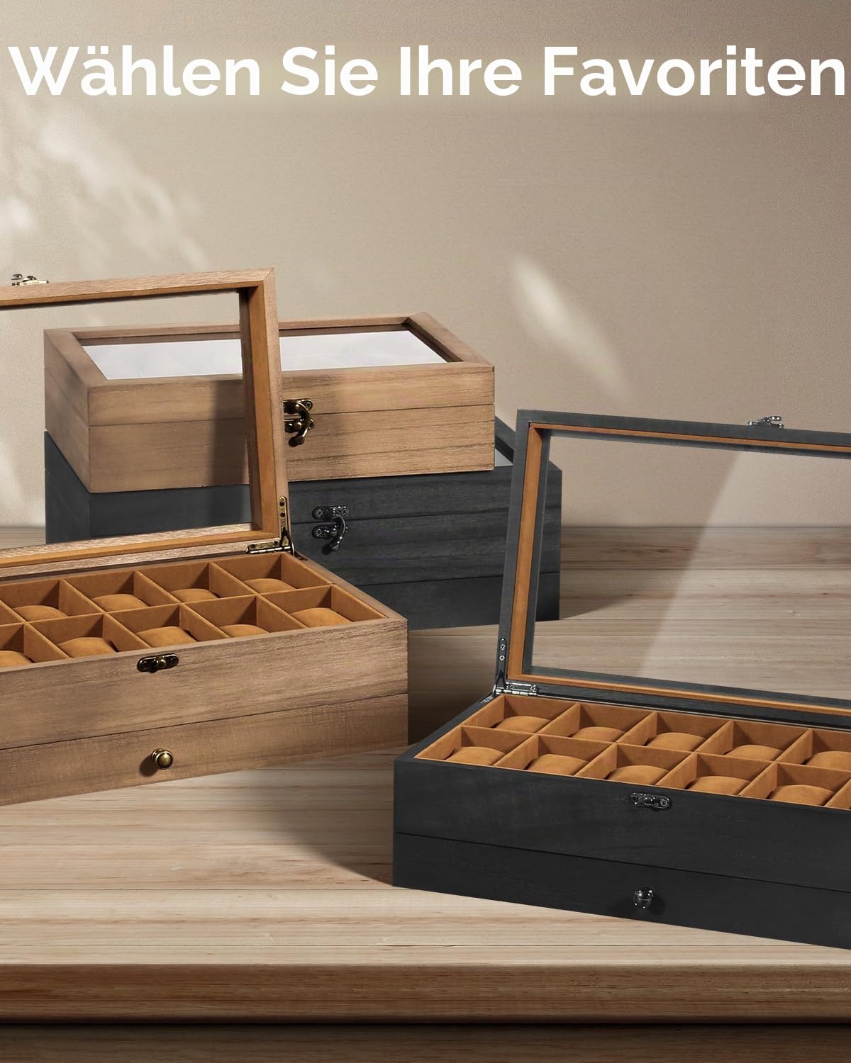 Uten Uhrenbox mit 12 Fächern, 2 Ebenen Uhrenkasten aus Massivholz mit Glasdeckel, Uhrenkissen Seidenbaumwolle, Schmuckaufbewahrung, Geschenkidee，Braunes Futter