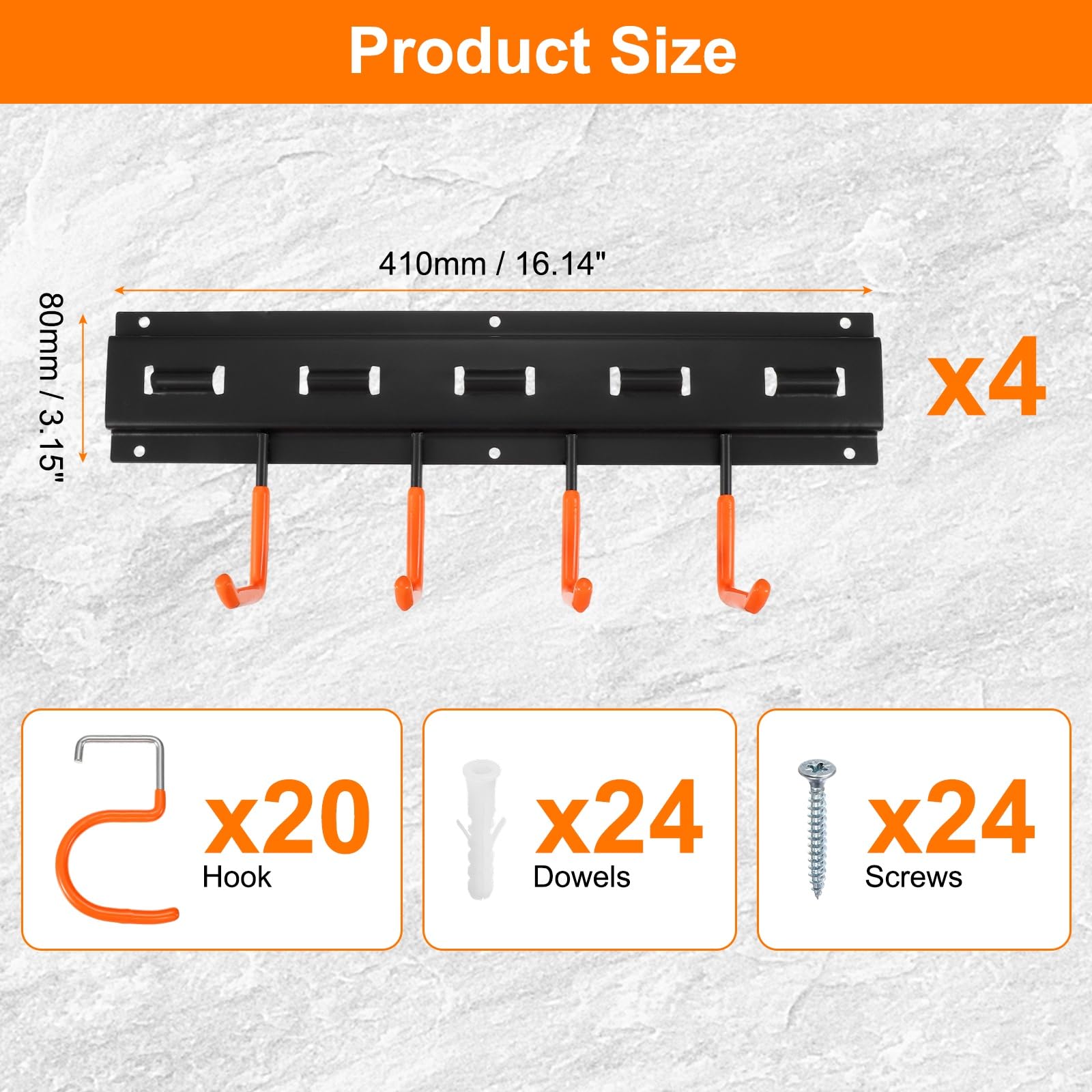 QUARKZMAN Portaherramientas de Jardín Kit, Soporte Metálico de Pared Empalmable con Ganchos Naranja para Herramientas Colgador para Escobas Fregonas Sótano Garaje, 164cm Largo Total