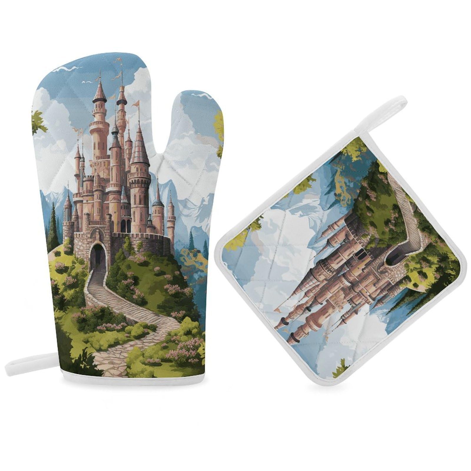 Fodpand Women's Style Fairy Tale Castle Oven Mitts And Pot Holders Sets,Oven Gloves For Kitchen Oven Mitts And Potholders For Baking Cooking Grilling Apartment Essentials