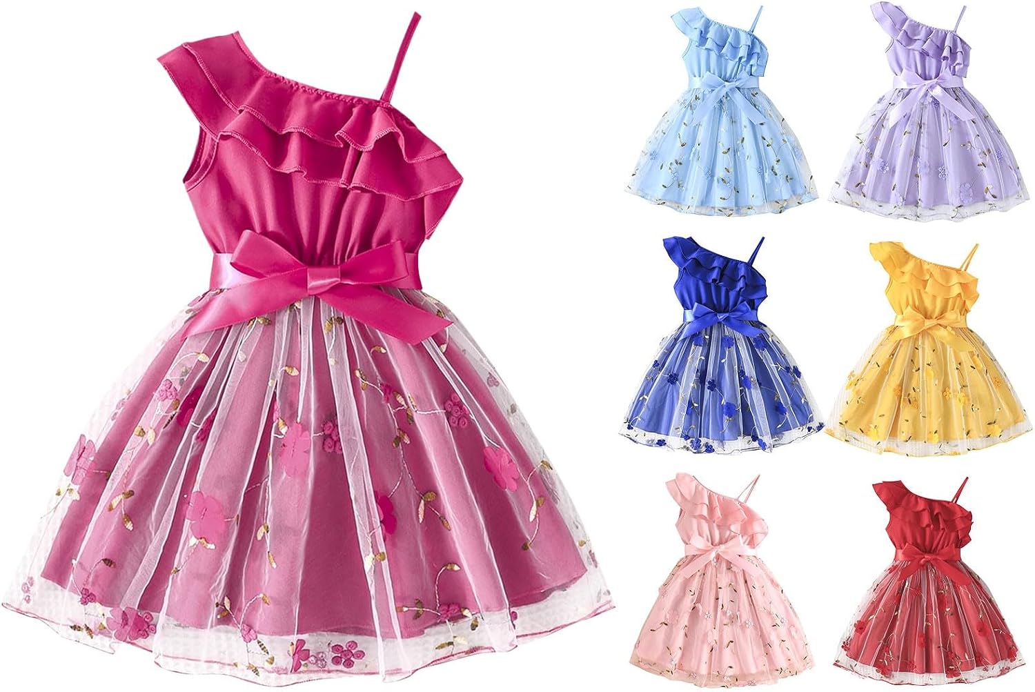 Girls One Shoulder Flower Girl Dress Kids Toddler Lace Tulle Tutu Long Dress Princess Dresses Sequin Tulle Ball Gown