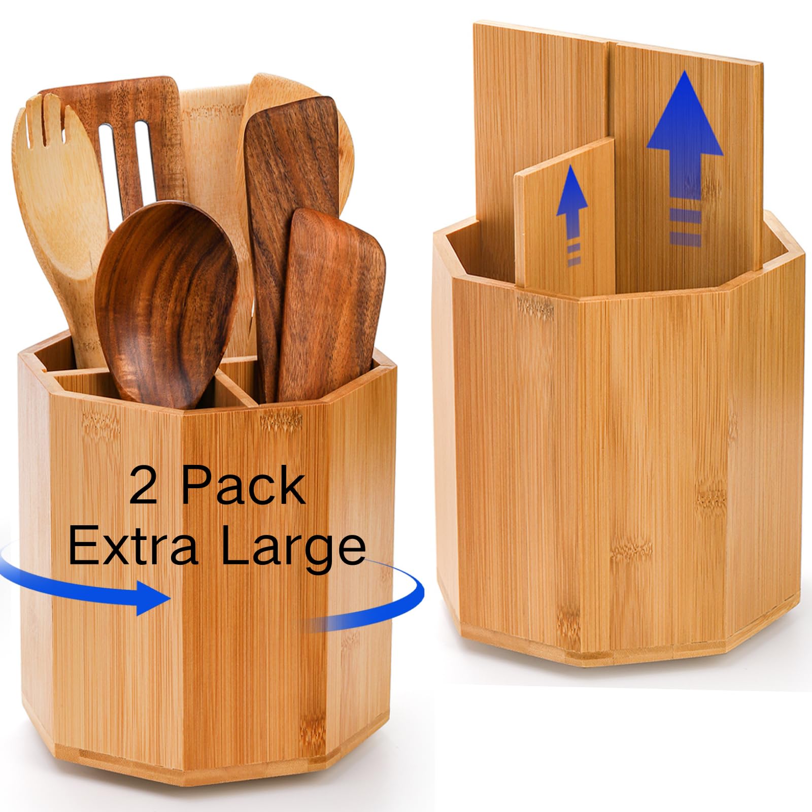 Küchenutensilienhalter aus Holz, 360° drehbar, für Arbeitsplatte, extra groß, 18,3 cm, 3 Fächer mit abnehmbarem Boden, für Bauernhaus-Küchendekoration, 2 Stück