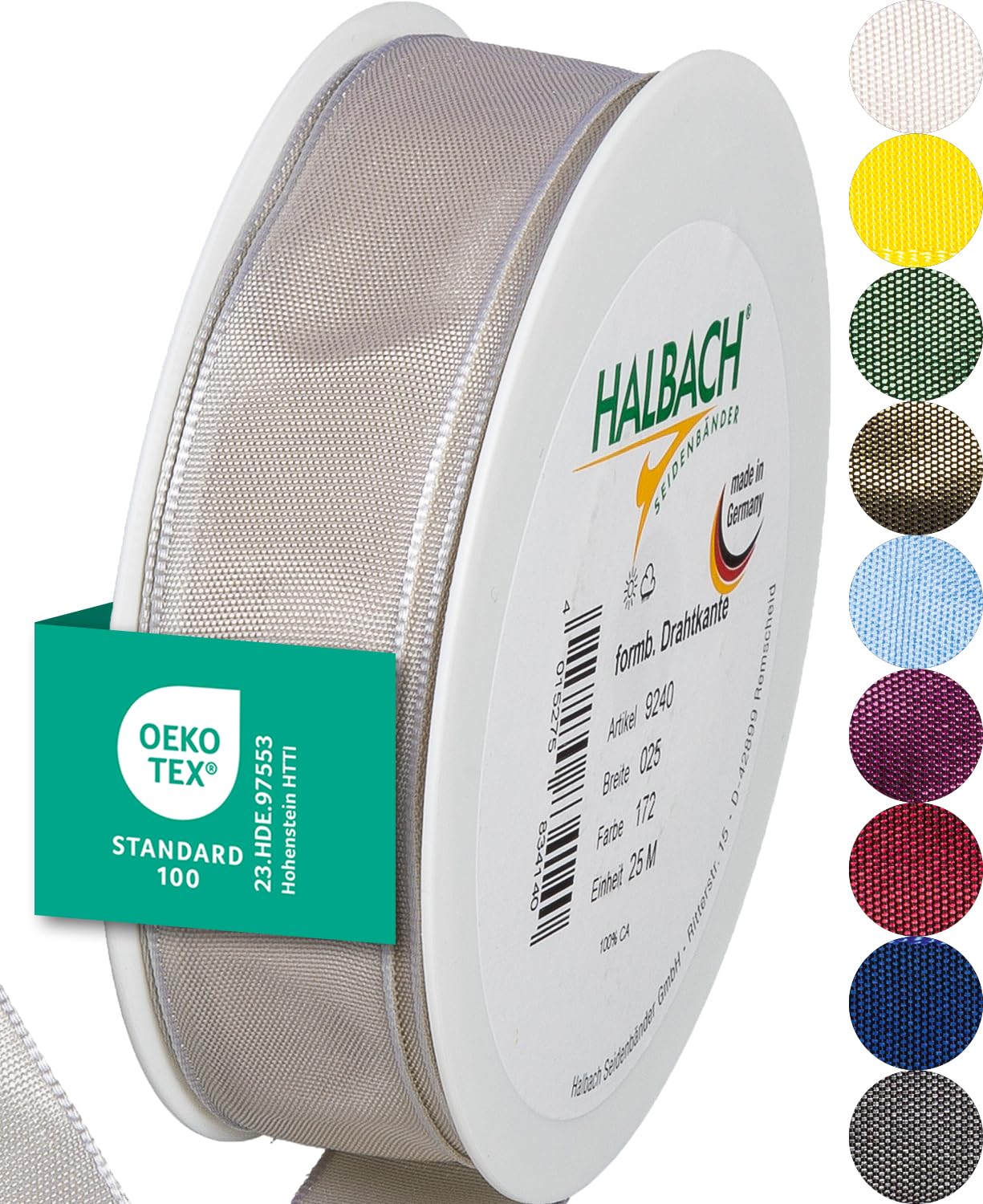 Halbach Seidenbänder Premium Geschenkband mit Drahtkante | Breite 25mm Länge 25m | Öko-Tex 100 zertifiziertes Schleifenband | Taftband Made in Germany, Farbe: leinen