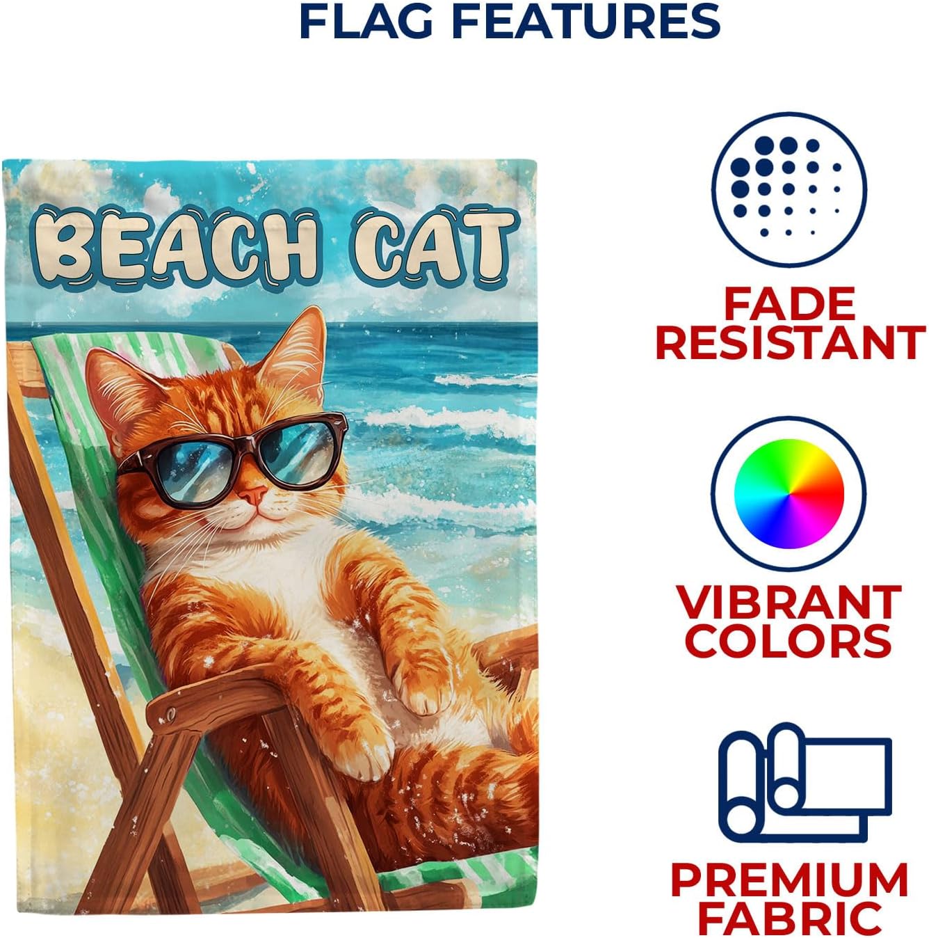 America Forever Beach Cat Orange Tabby House Flag, 28 x 40 inch Double Sided, Chair Sunglasses Ocean, Summer Seasonal Outdoor Decor, Relaxing Flag