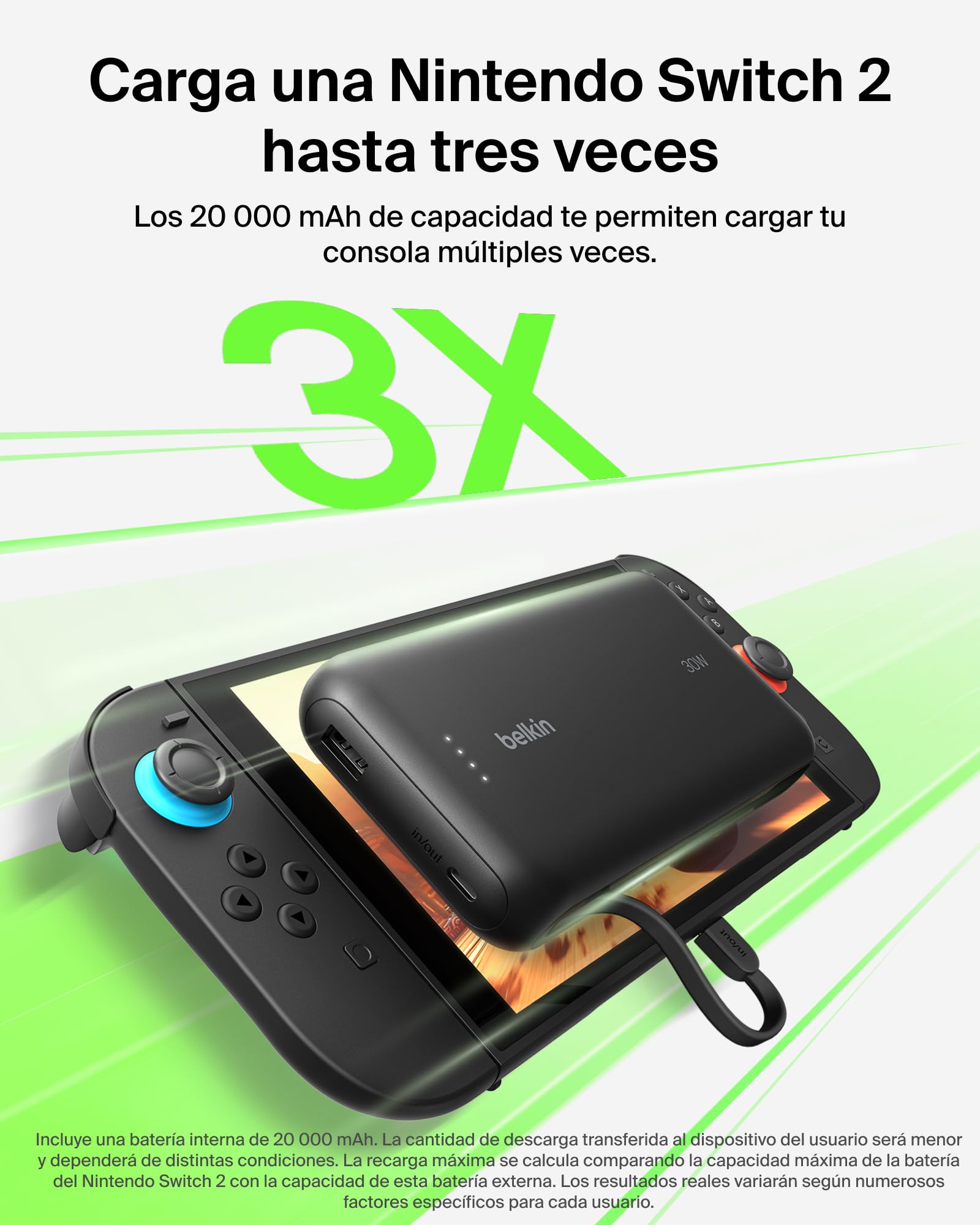 Belkin Gaming batería Externa de 30 W con Cable USB-C Integrado y 20000mAh de Capacidad, Carga rápida USB-C PD, Cargador portátil para Nintendo Switch 2, iPhone 16, iPad Pro y Galaxy S25, Negro