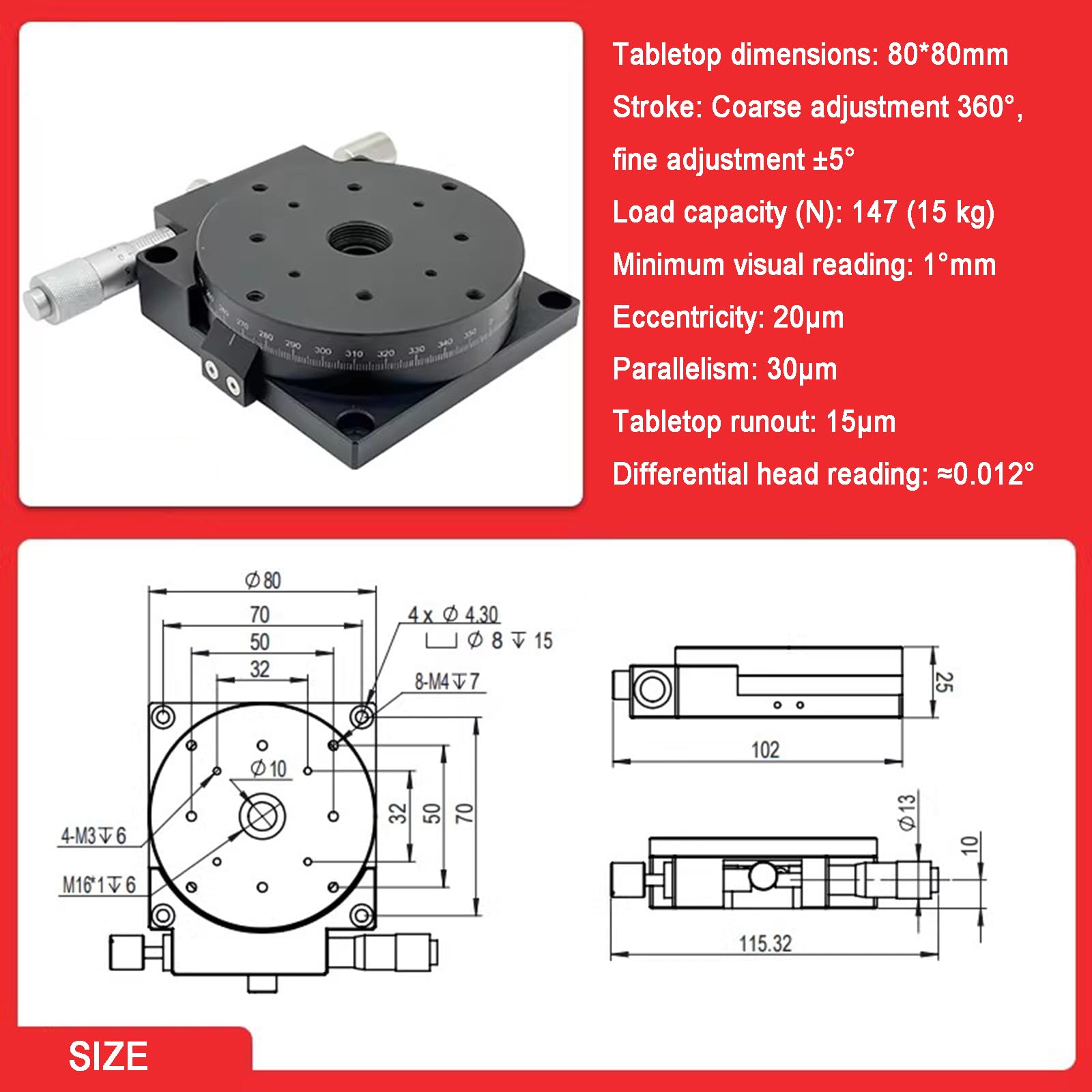 Etapa de rotación manual del eje R, mesa deslizante lineal de 360°, plataforma de corte de Φ80 mm, ideal para maquinaria de producción y equipos de prueba