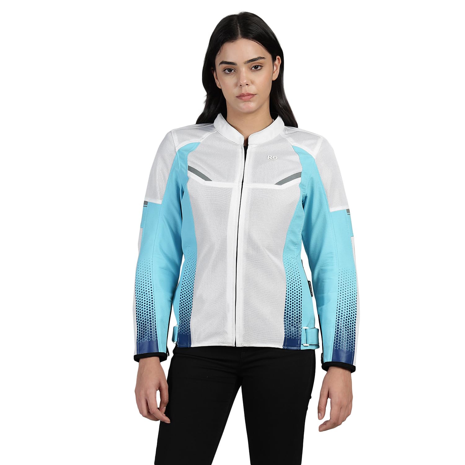 Royal Enfield TOURER WOMENS RIDING JACKET | CE Class A certified | CE Level 2 armours- Shoulder, Elbow & Back | 100% Polyester stretchable fabric | Stretchable &high breathability SKY BLUE (S) 40 CM-image-23