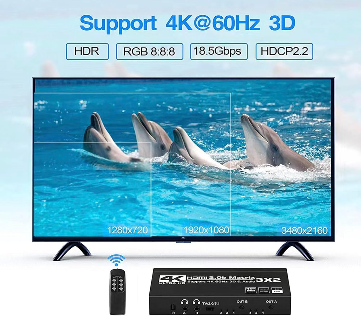 HDMI Matrix 3x2 4K 60Hz Matrix Switch 3 in 2 Out Switcher Splitter Box con estrattore EDID e telecomando IR, supporto Ultra 4K HDR, 3D/1080P, HDMI 2.0b, HDCP 2.2