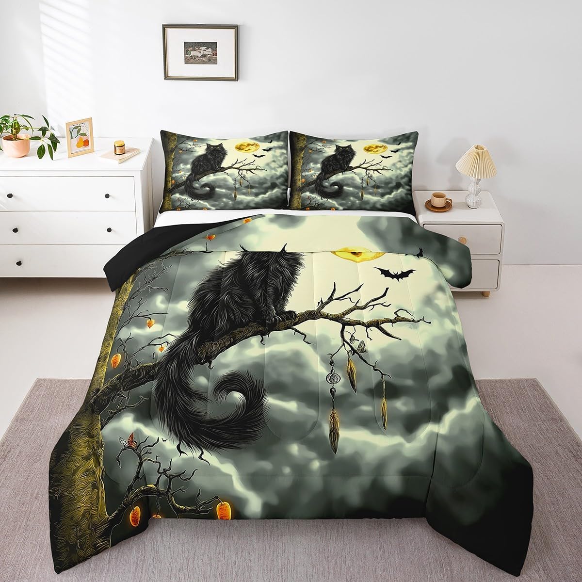 Erosebridal Black Cats Queen Size Comforter Set, Halloween Bats Moon Bedding Sets for Bedroom, Gothic Animals Sky Kids Teens Soft Bedding Comforter Sets, Golden Gray Clouds Festival Warm Duvet Insert
