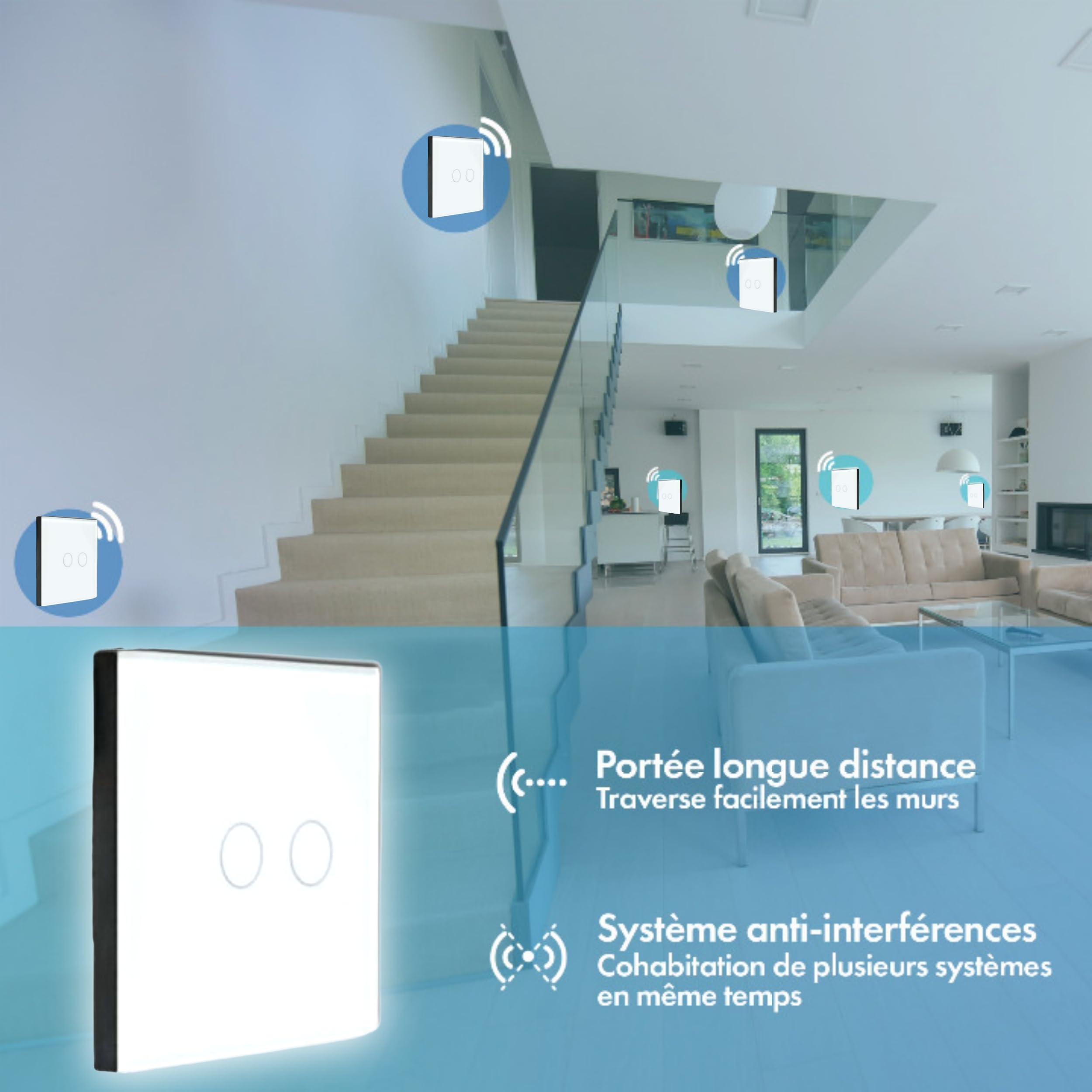 KIT interrupteur sans fil - 2 Télécommandes murales + 1 Mini récepteur encastrable - Va et vient sans travaux - Commande à distance - commutateur radio RF (1+2 - Bouton Double)
