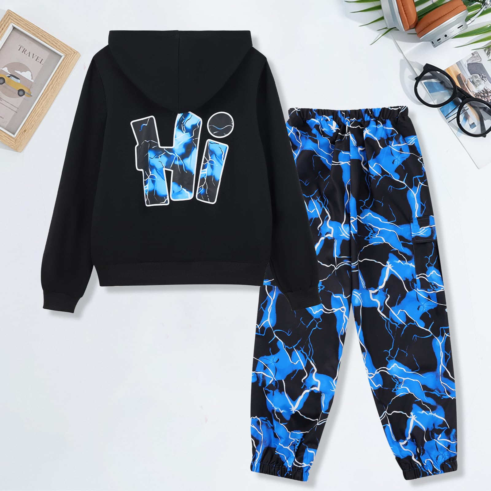 Hotfiary Set di 2 tute mimetiche per ragazzi, felpa con cappuccio a maniche lunghe e pantaloni cargo, felpa con cappuccio e pantaloni da jogging, per sport, scuola, casual, 6, 7, 8, 9, 10, 11, 12, 13