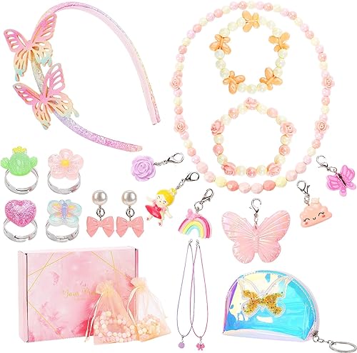 ShineySky Joyas para niñas pequeñas, juego de 18 piezas de mariposas, collares, pulseras, anillos, aretes, diadema, accesorios de juguetes de