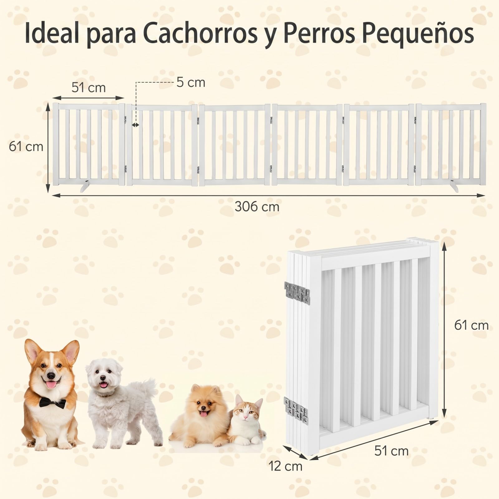 COSTWAY Barrera de Seguridad para Perros Plegable, Puerta para Perros de 6 Paneles de Madera con Patas de Apoyo, sin Montaje, Vallas de Seguridad para Interior Escaleras Pasillo, 306 x 61 cm