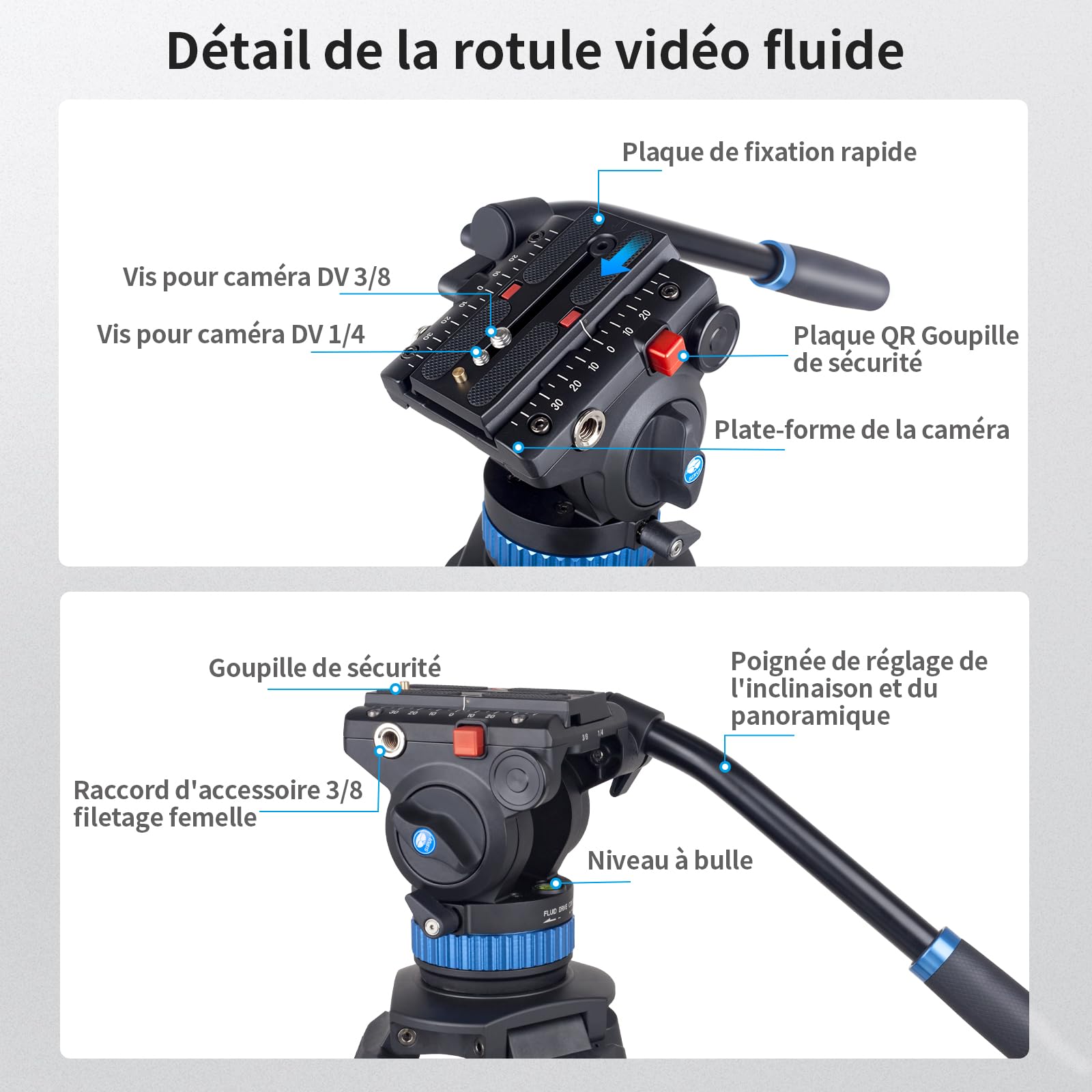 SIRUI Trépied Vidéo AM-25S, Trépied en Alliage d'Aluminium de 74.8"/190cm avec Tête Fluide Panoramique Flexible à 360°, Compact et Léger, Charge Max 22lb/10kg