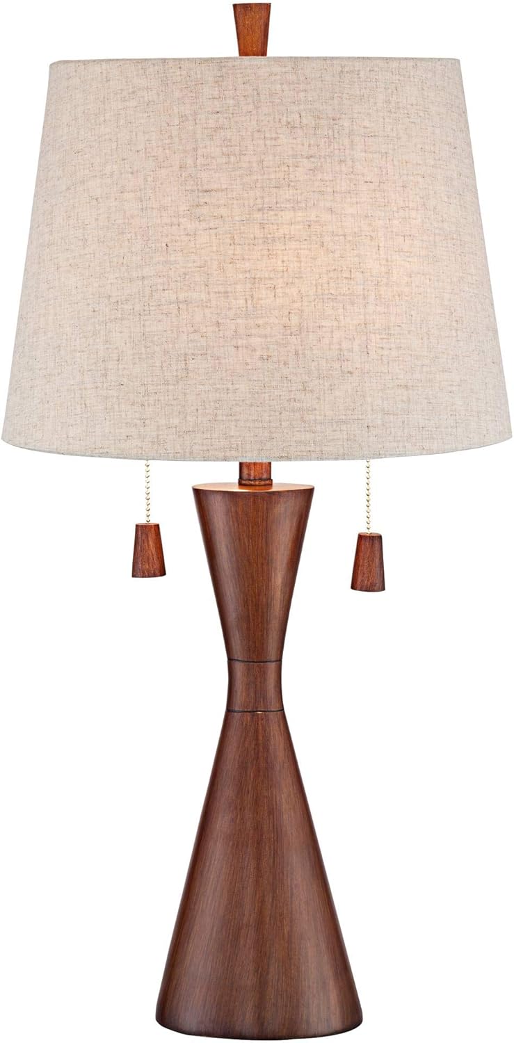 Warm Brown Faux Wood Hourglass Table Lamp with Oatmeal Fabric Shade