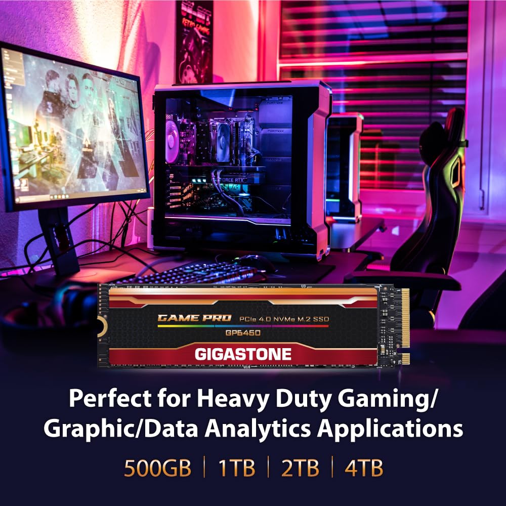 Gigastone GP6450 SSD 2TB PCIe 4.0x4 NVMe M.2 2280 Game Pro Gen4 PCIe Unidades internas de estado sólido 5,000MB/s de almacenamiento para PC portátil PS5 Gaming 3D NAND SLC caché rendimiento de alta