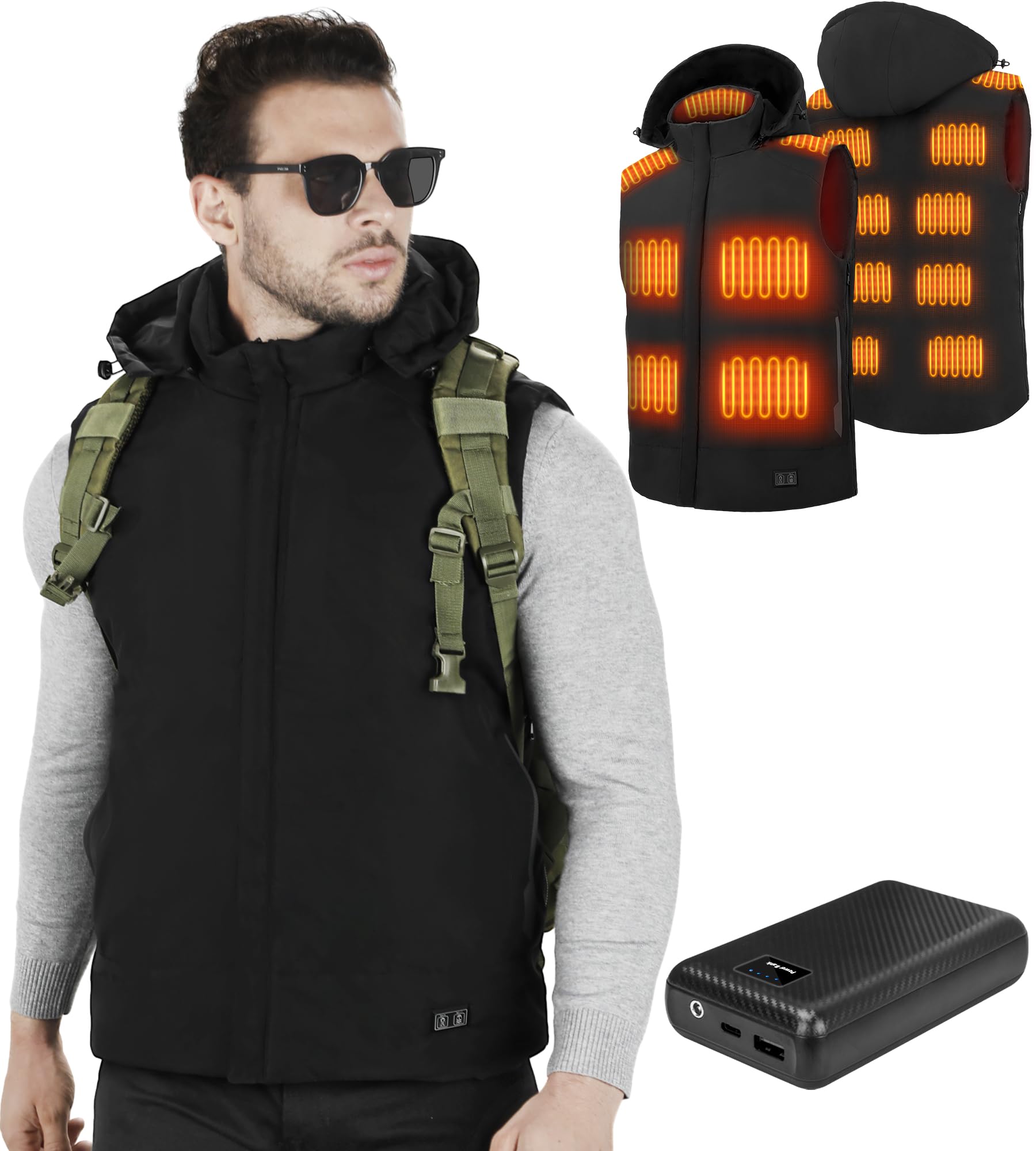 AURASEASONMen's Heated Vest with ΒATTERY Pack Included, Outdoor Lightweight Warm Heated Vest Jacket for Men Detachable Hood
