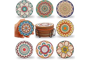 Boho Mandala Coasters for Coffee Table, Set of 8 Absorbent Cork Coasters for Drinks