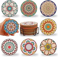 Puluole Valentines Boho Mandala Cork Coasters Set of 8 with Holder - Vibrant Drink Coasters for Table Protection & Home Decor Gifts
