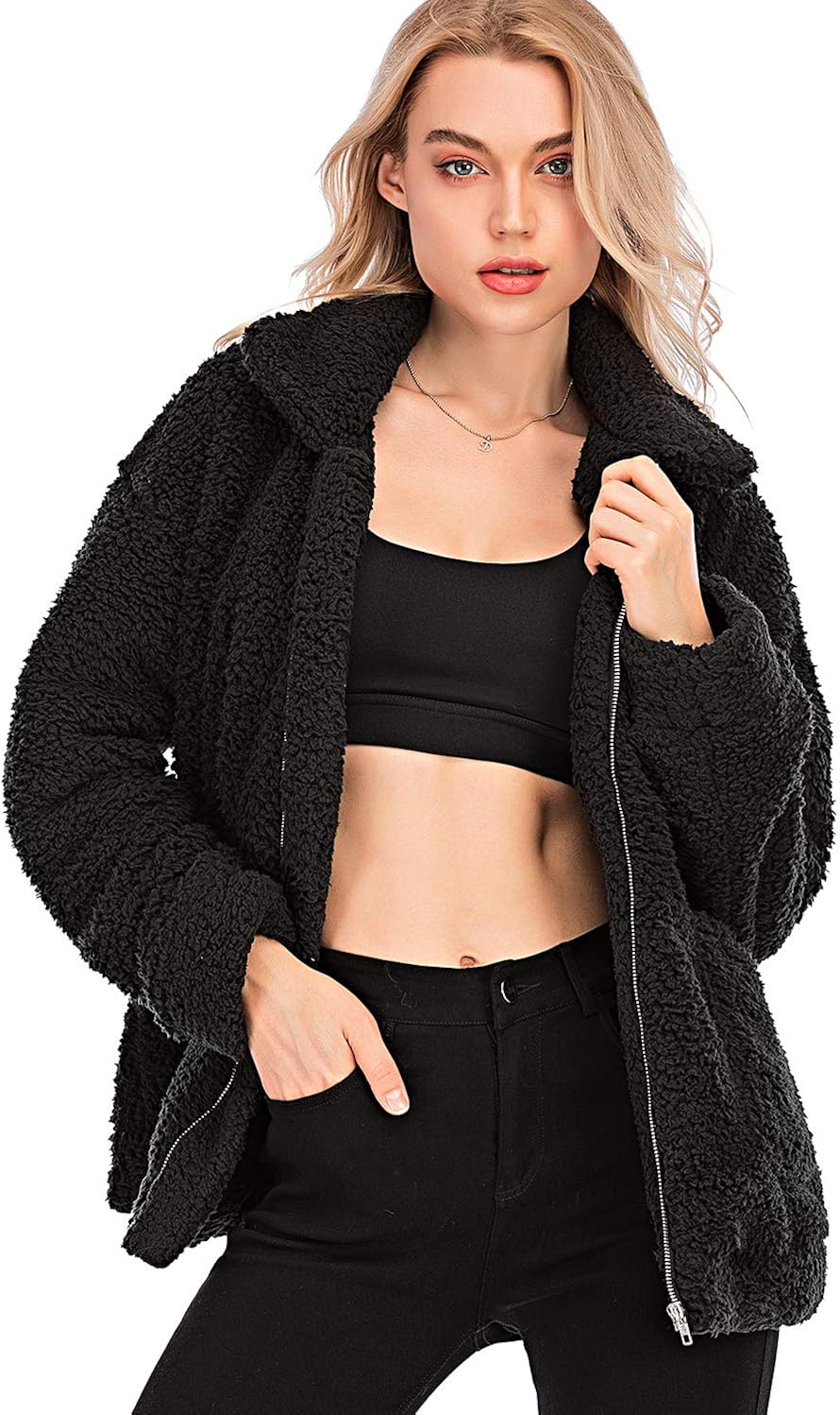 Fleece Fuzzy Jackets Lapel Open Front Cardigan Sherpa Shearling Coat Faux Fur Coat Warm Winter Sweater Coats for Women