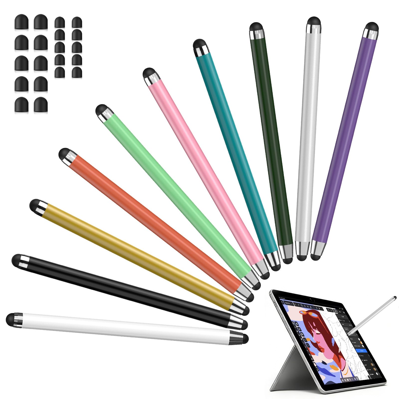 2 in 1 Tablet Stift mit 20 Gummispitzen, 10 Stück Touchscreen Stifts für Switch/Handy, Eingabestift/Handystifte zum Tippen, Hohe Präzision, Kompatibel für Alle Tablets, Laptop, Smartphones