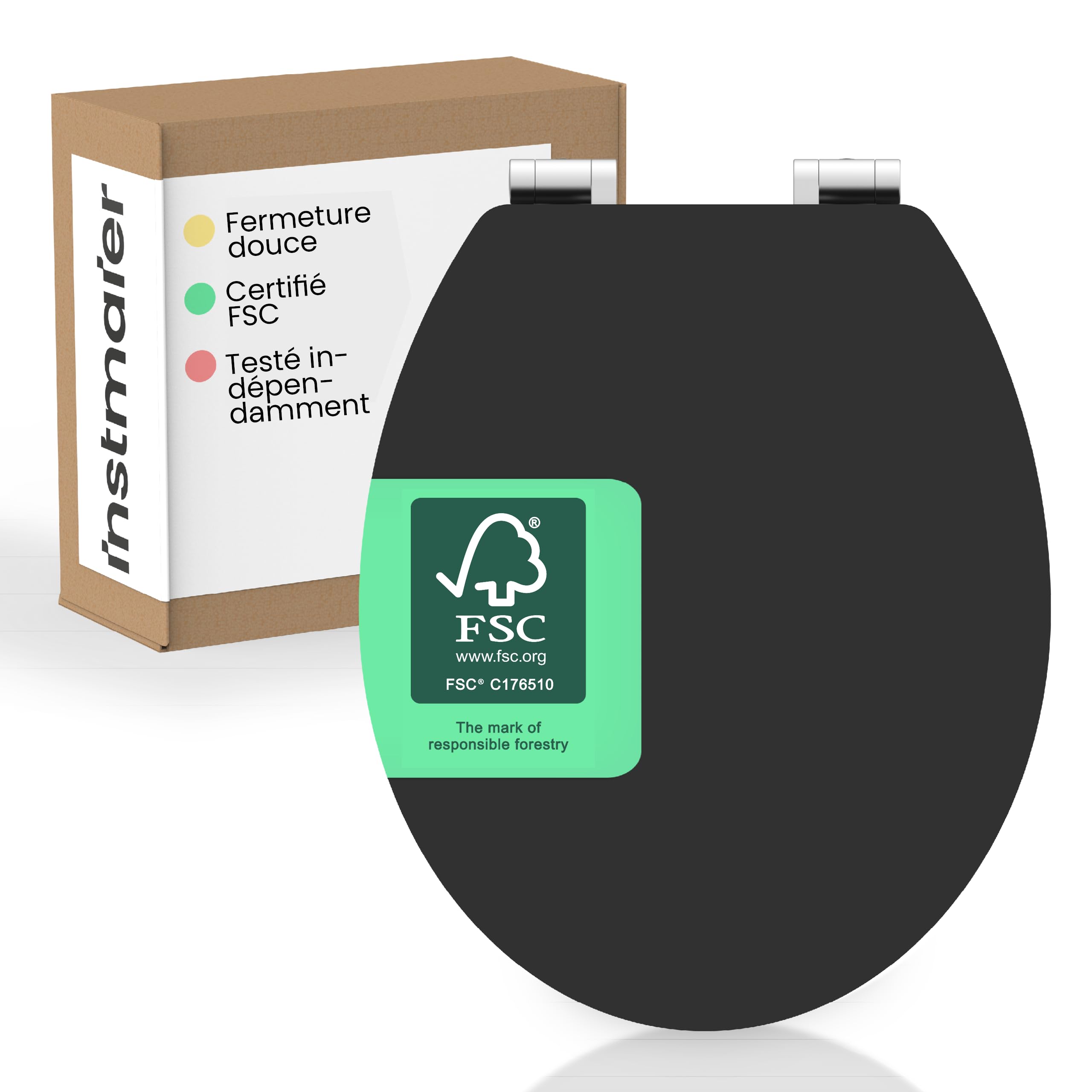 instmaier Gaia Siège de WC noir mat | Siège de toilettes abaissement automatique | Couvercle de toilettes en bois MDF | testé durable avec certification FSC | lunette de toilettes facile d'entretien