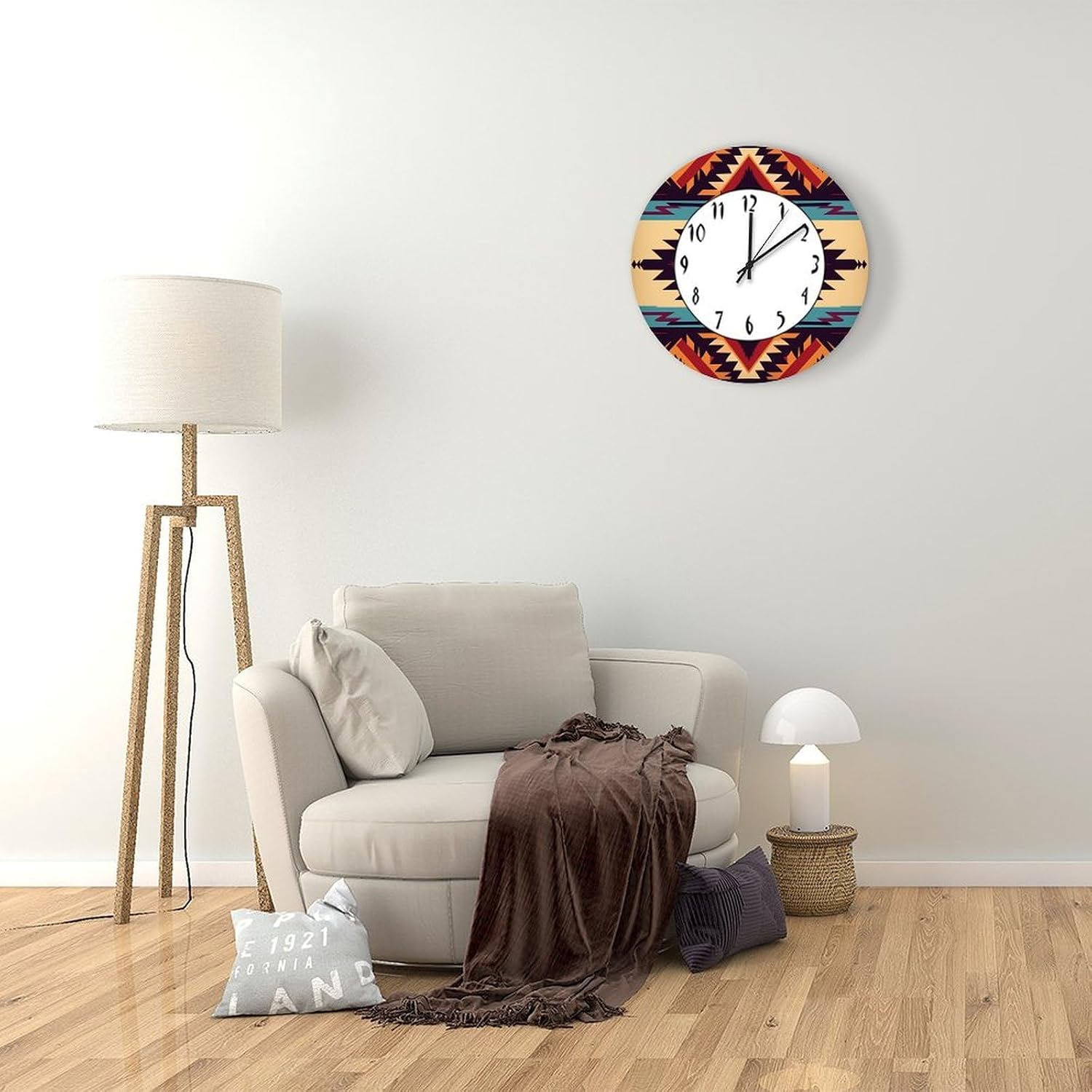 Dark of Purple Southwestern Tribal Pattern Farmhouse Round Wooden Wall Clock 15" Silent Non-Ticking Battery Operated Wood Clock for Living Room Office Wall Art Home Decor Housewarming Gift