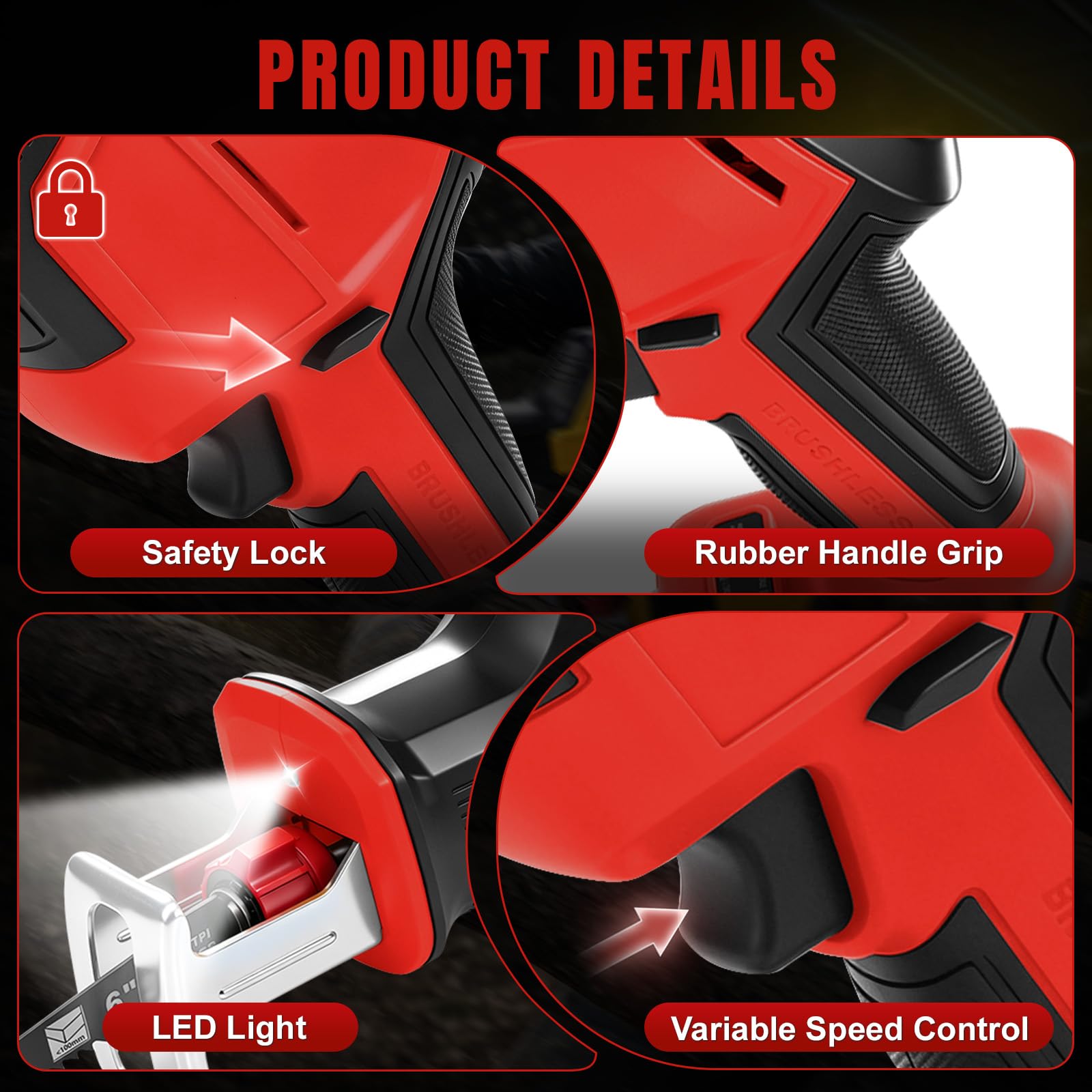 Scie sabre sans fil avec 4 lames pour Milwaukee 18V (sans batterie) | 600W, scie sabre, sans balais, LED, coffret plastique, pour bois et PVC